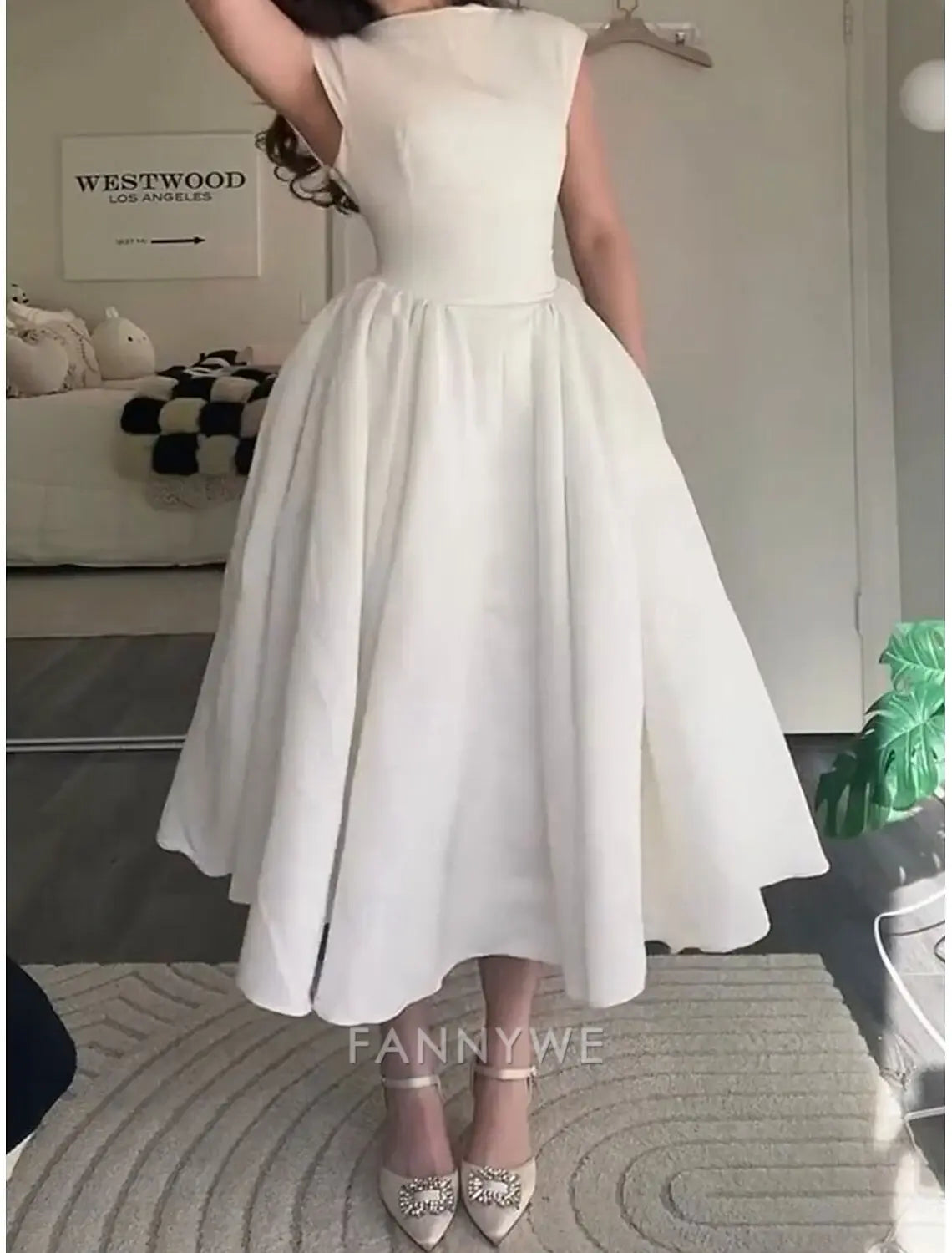 FannyWe Schlichte A-Linie Partykleider Elegantes Kleid Hochzeit Hochzeitsgast Knöchellang Ärmellos Juwelausschnitt Polyester Rückenfrei mit Falten Kleider