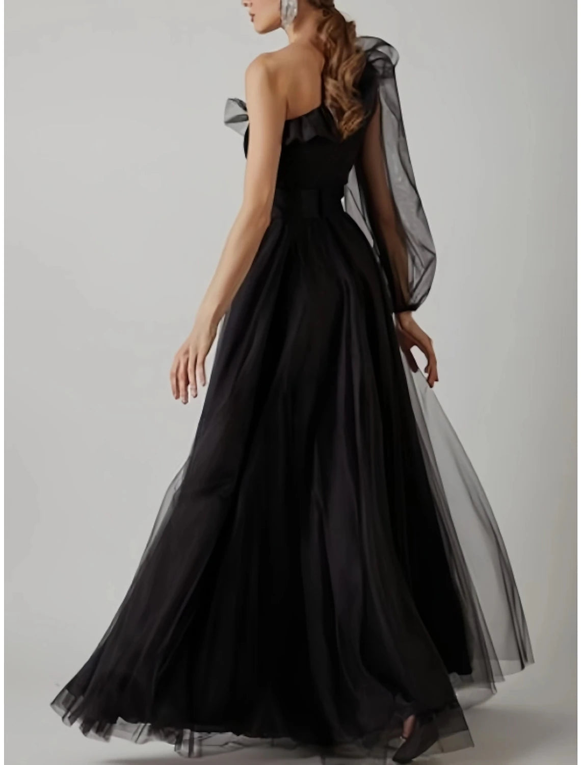 Vestido de fiesta tubo, vestido de graduación, vestido elegante, vestido de graduación, cumpleaños, largo hasta el suelo, manga larga, un hombro, tul con pliegues, volantes, abertura