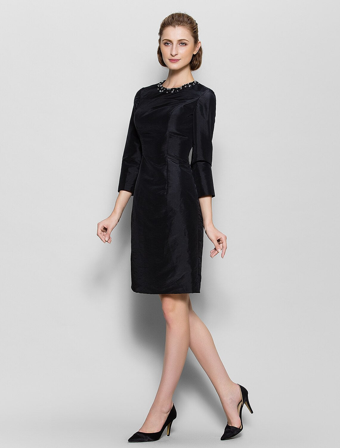 Sheath / Column Mother of the Bride Dress Little Black Dress Jewel Neck Knee Length Nylon Taffeta 3/4 Length Sleeve No with Beading
