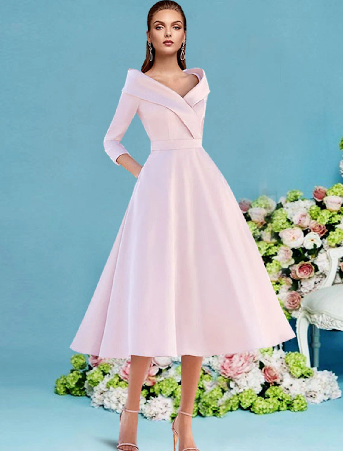 A-Linien-Kleid für die Mutter der Braut, Herbst, Hochzeitsgast, Vintage, elegant, V-Ausschnitt, knielang, Satin, 3/4-Ärmel mit Falten