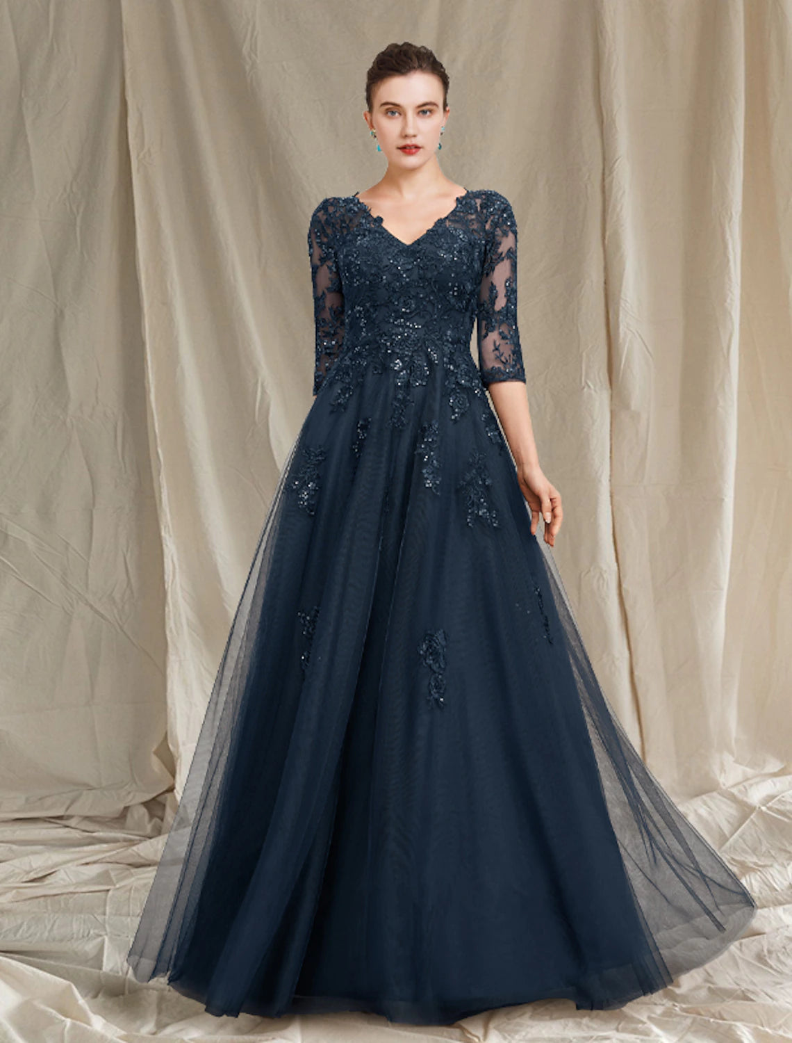 A-Linien-Kleid für die Brautmutter, luxuriös, elegant, V-Ausschnitt, bodenlang, Chiffon, Spitze, Tüll, halbe Ärmel mit Pailletten-Applikationen