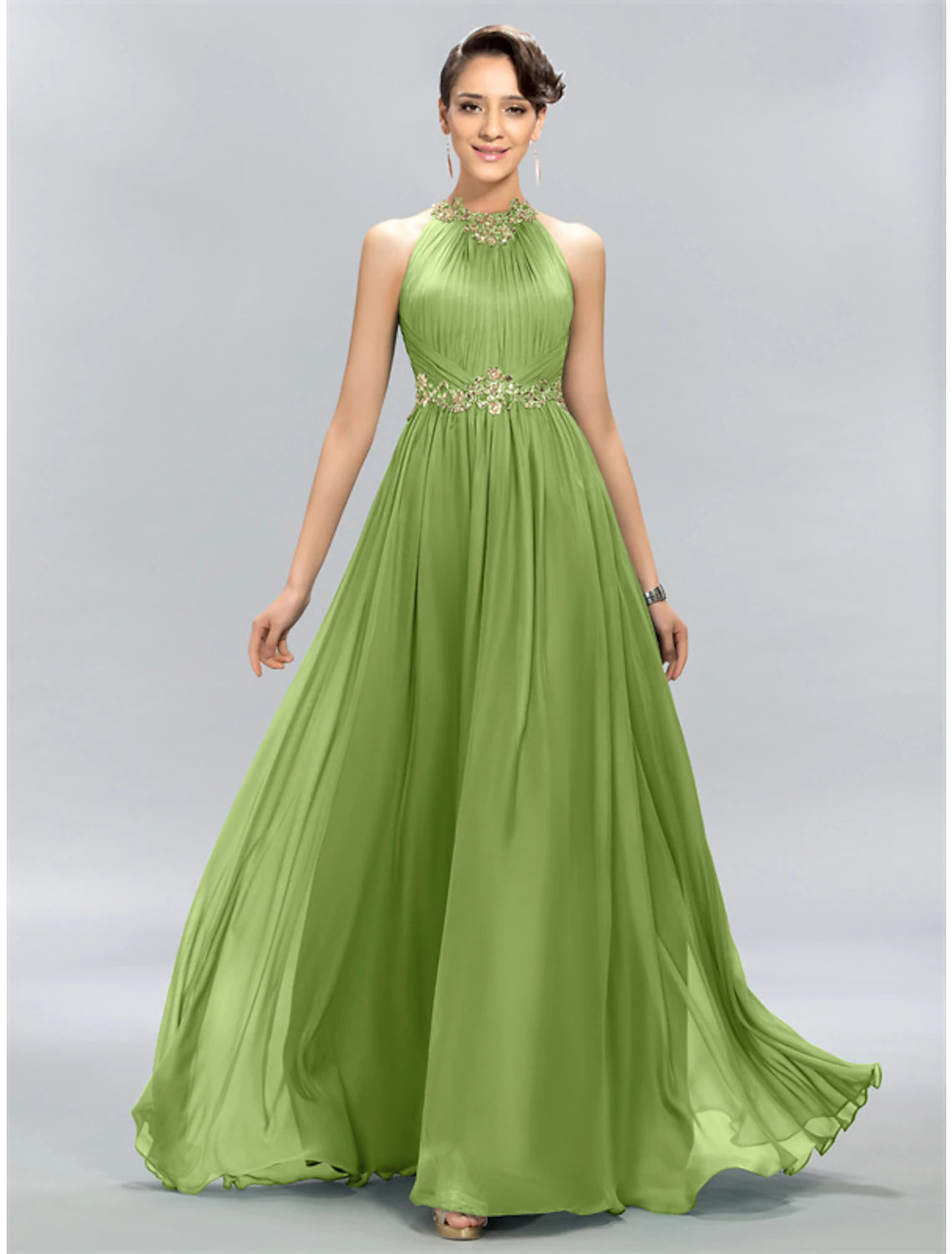 A-Linien-Kleid für Hochzeitsgäste, Maxikleid, Partykleidung, Hochzeitsfeier, bodenlang, ärmellos, Neckholder, Chiffon mit gerüschten Applikationen