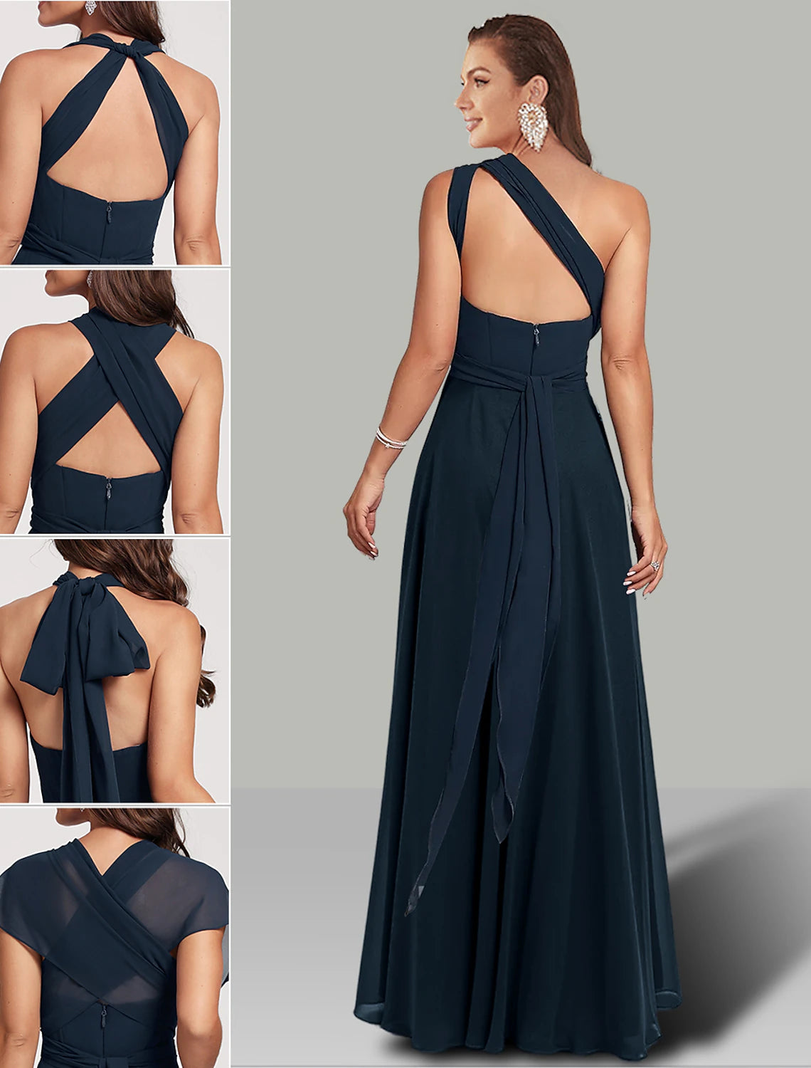A-Line Wedding Guest Dresses Infinity Dress Wedding Party Floor Length Short Sleeve Halter Neck Convertible Chiffon with Ruched