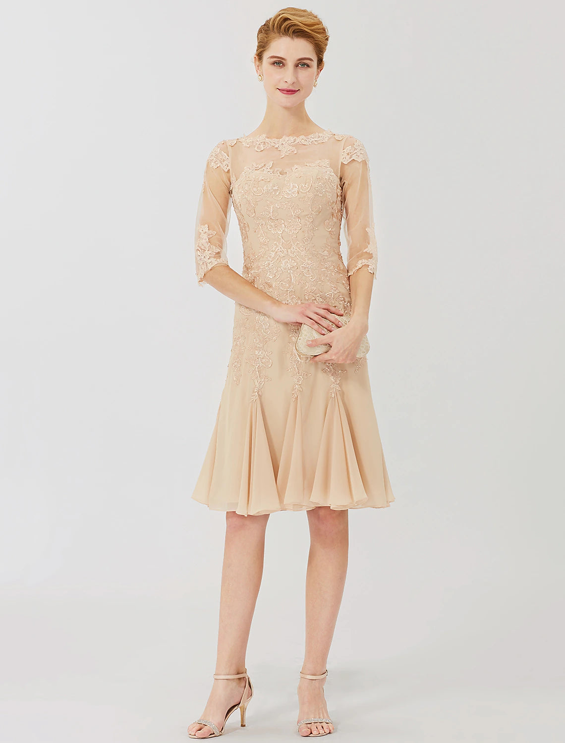Vestido de madre de la novia con corte tubo/columna, clásico y atemporal, elegante y lujoso, hermoso escote ilusión en la espalda, largo hasta la rodilla, de gasa, con encaje, media manga y apliques.