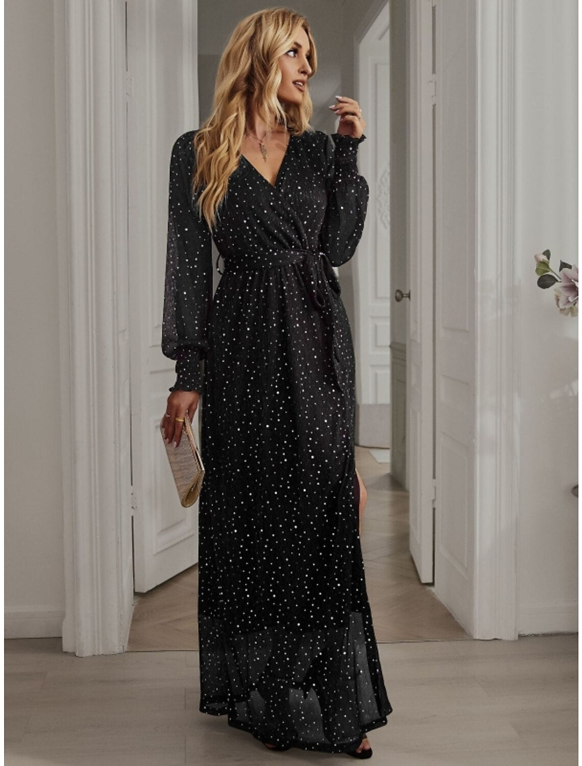 A-Linie Partykleider Sparkle & Shine Kleid Geburtstag Herbst Knöchellang Langarm V-Ausschnitt Chiffon mit Glitzer Pailletten Schlitz