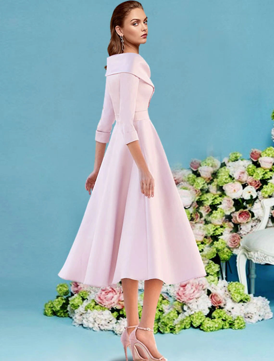A-Linien-Kleid für die Mutter der Braut, Herbst, Hochzeitsgast, Vintage, elegant, V-Ausschnitt, knielang, Satin, 3/4-Ärmel mit Falten