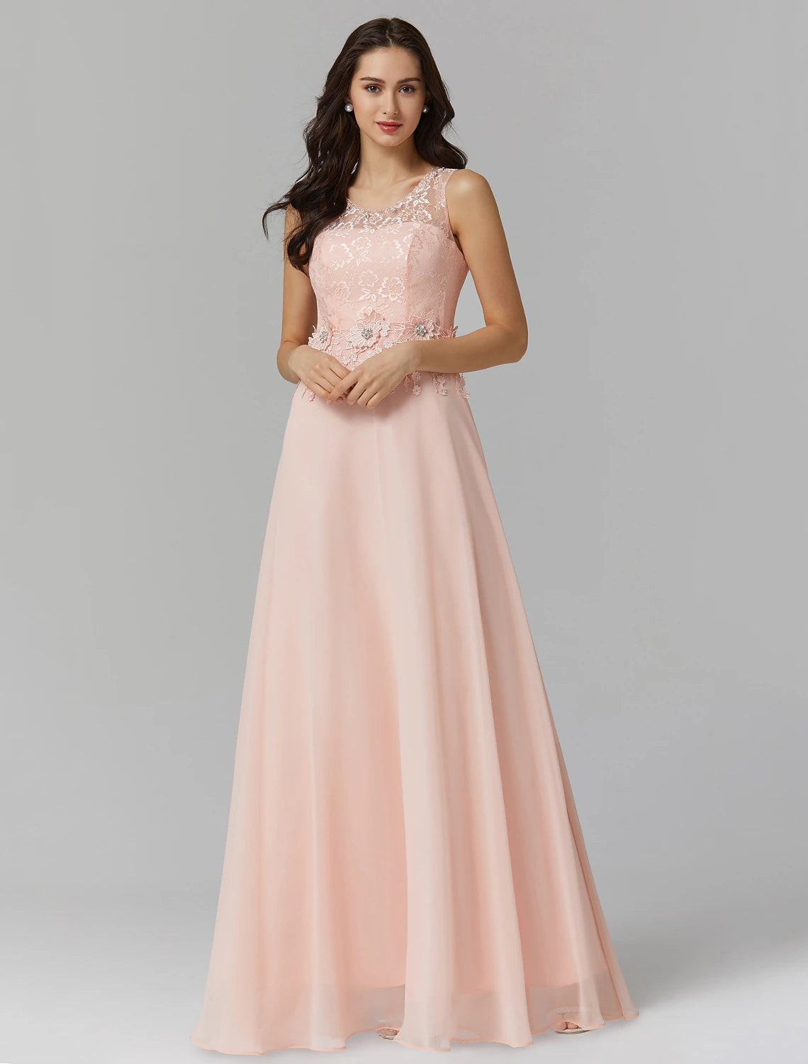A-Linie Empire-Kleid Valentinstag Hochzeitsgast Bodenlang Ärmellos Illusionsausschnitt Brautjungfernkleid Chiffon mit Perlenapplikationen