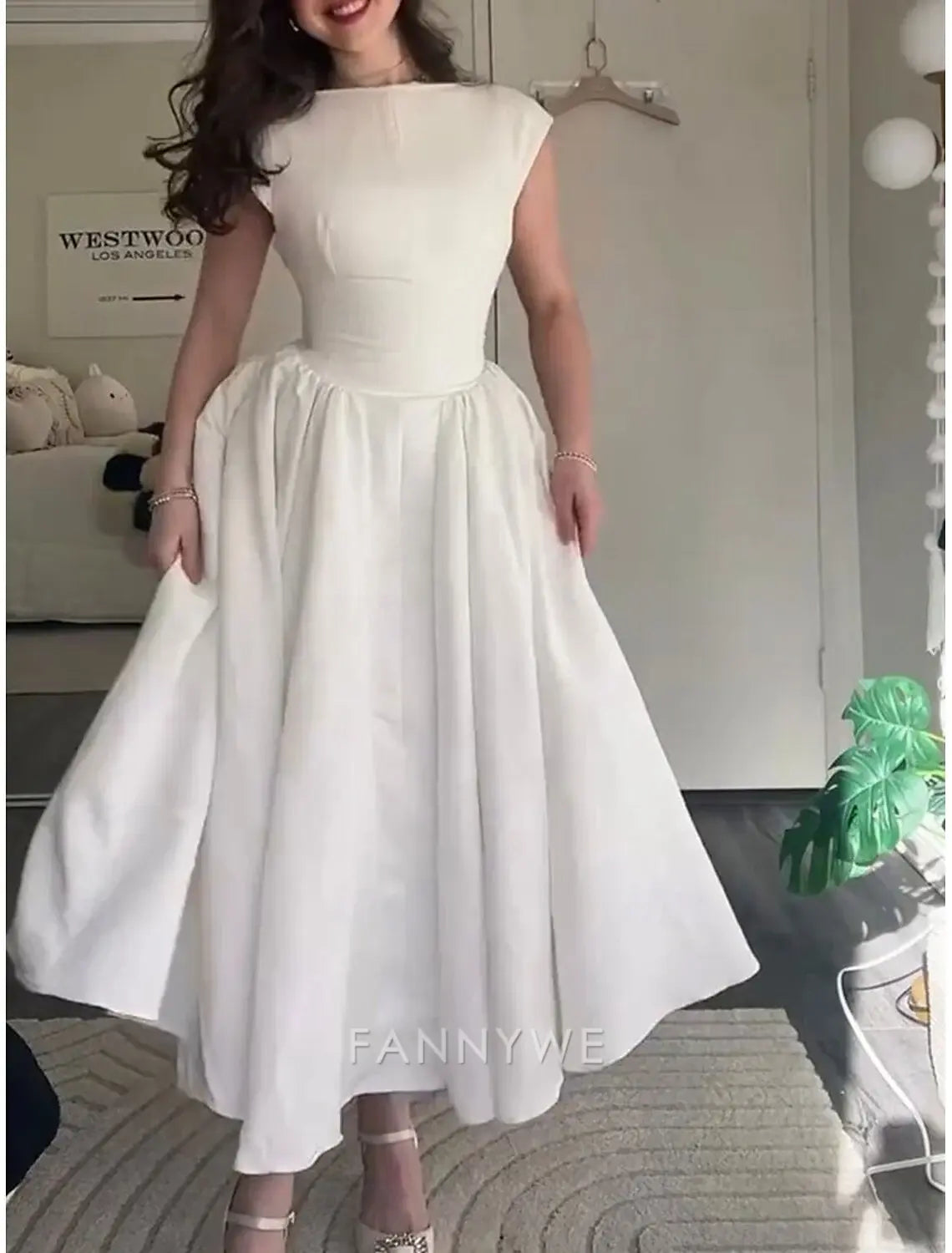 FannyWe Schlichte A-Linie Partykleider Elegantes Kleid Hochzeit Hochzeitsgast Knöchellang Ärmellos Juwelausschnitt Polyester Rückenfrei mit Falten Kleider