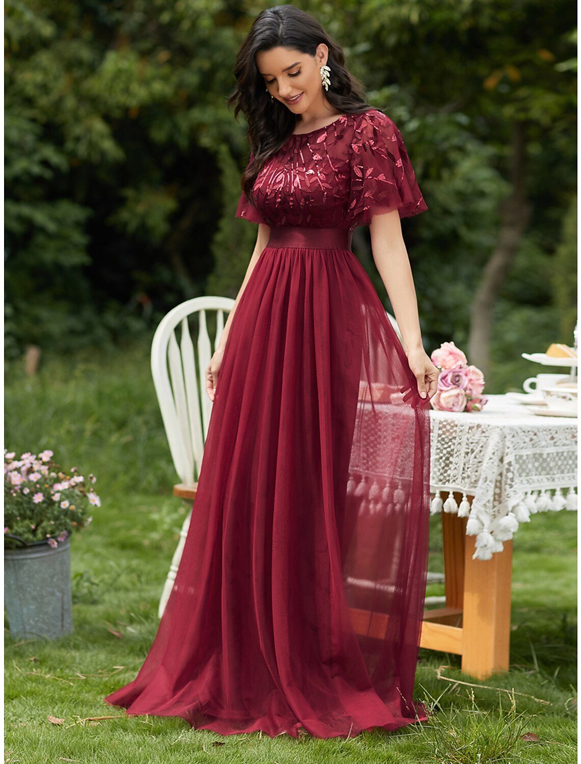A-Line Prom Dresses Vintage Dress Prom Floor Length Short Sleeve Jewel Neck Tulle with Sequin Ruffles Applique