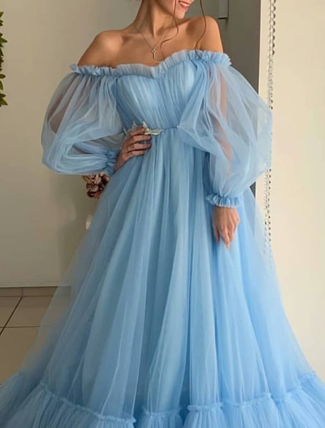 A-Line Minimalist Elegant Engagement Prom Dress Off Shoulder Long Sleeve Floor Length Tulle with Pleats Appliques