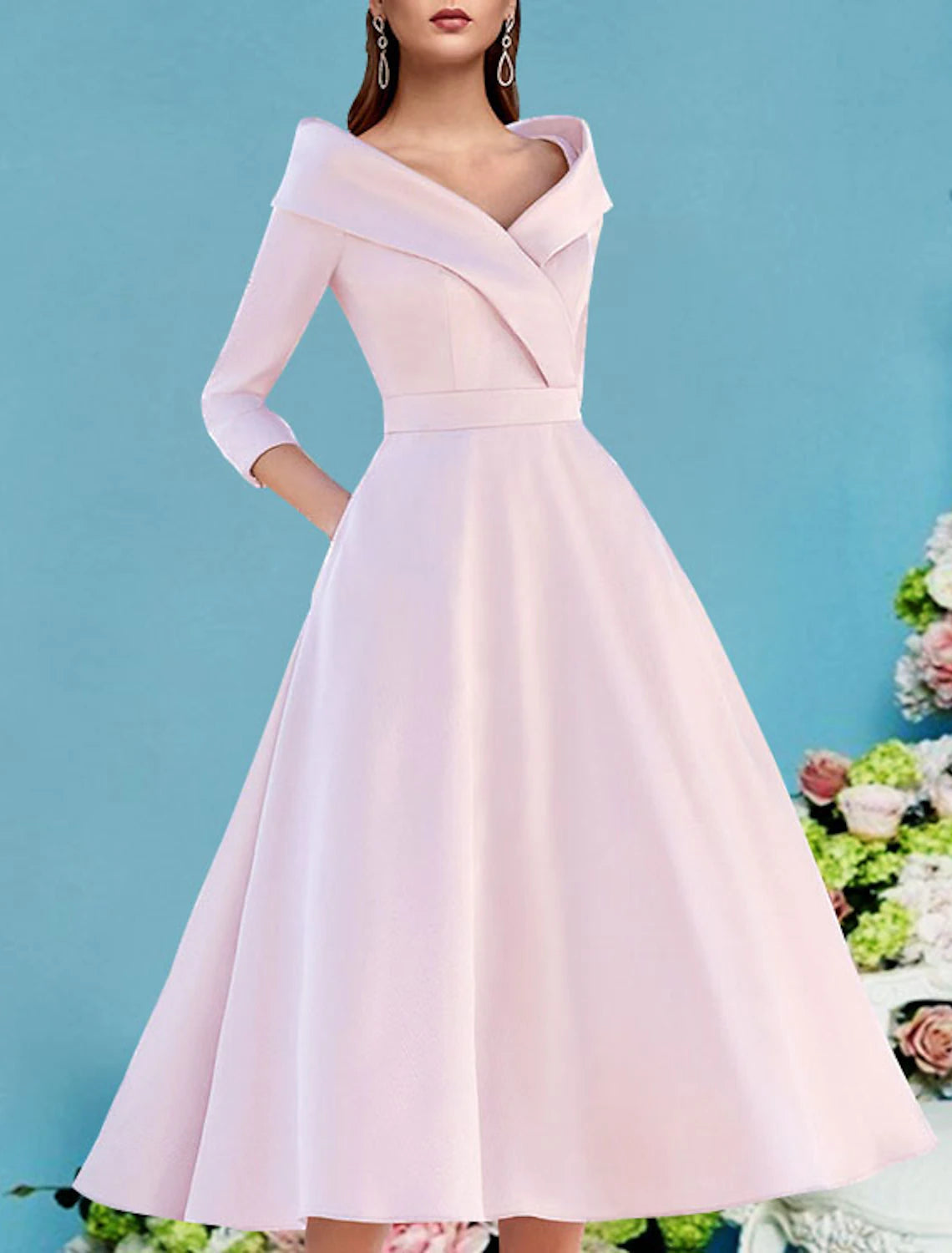 A-Linien-Kleid für die Mutter der Braut, Herbst, Hochzeitsgast, Vintage, elegant, V-Ausschnitt, knielang, Satin, 3/4-Ärmel mit Falten