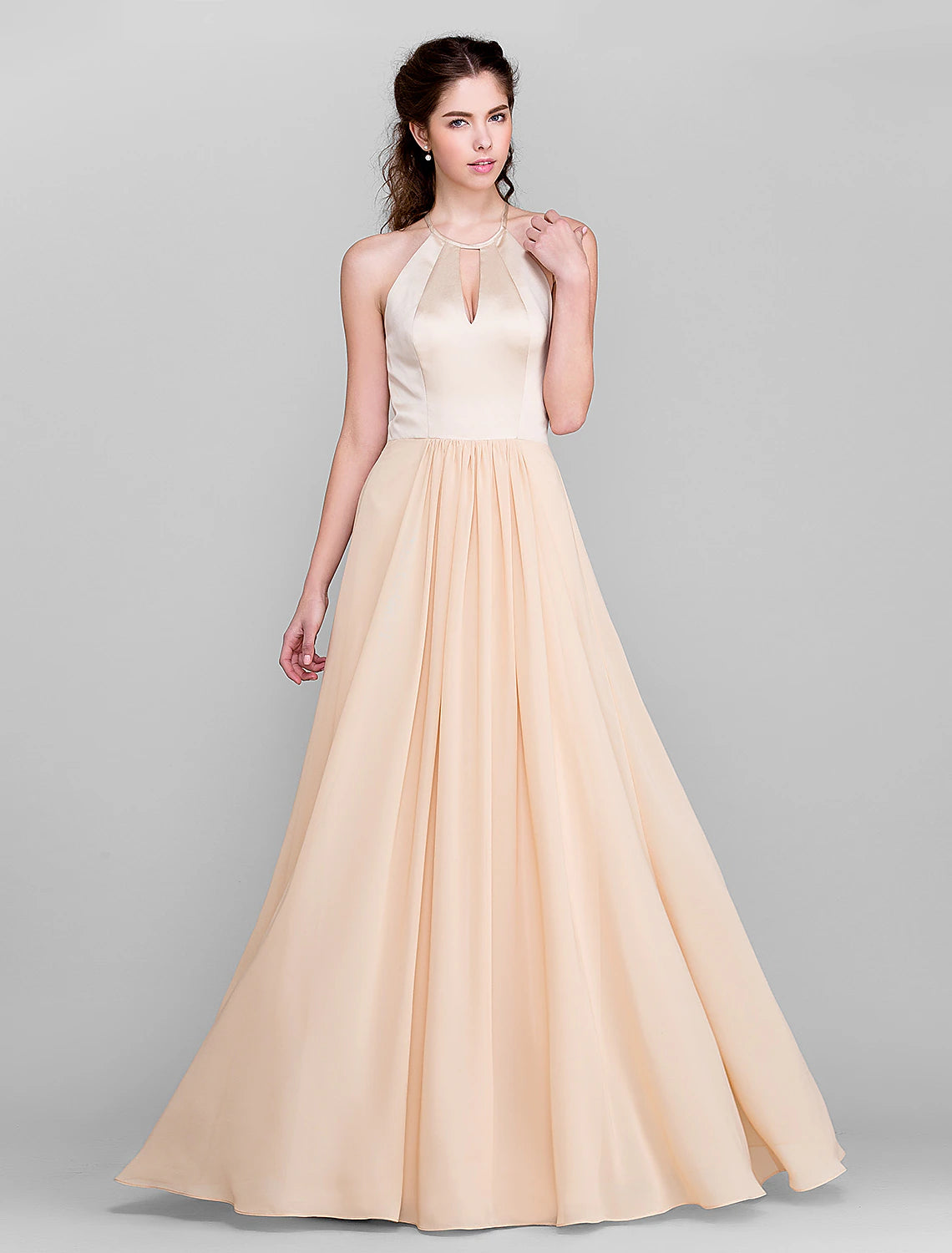 A-Linie, Rundhalsausschnitt, bodenlanges Chiffon/Satin-Brautjungfernkleid mit Falten