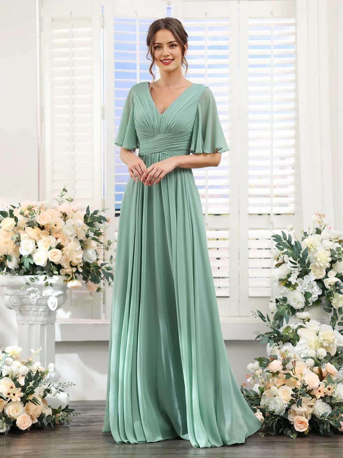 A-Linie V-Ausschnitt Ärmel Brautjungfernkleid für Hochzeitsgäste Lange Chiffon Partykleider mit Schlitz