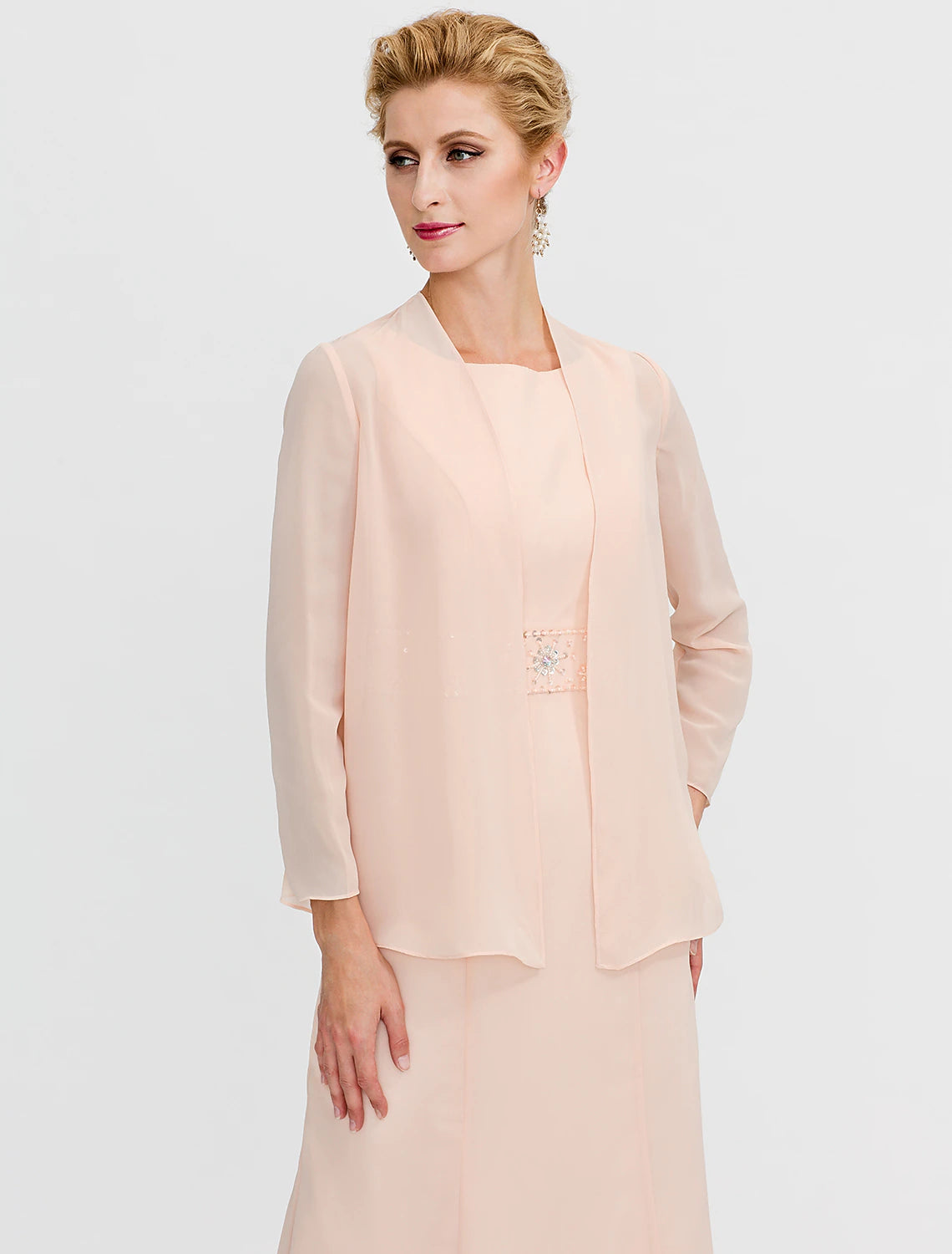 Zweiteiliger Etui-/Säulen-Kleid für die Brautmutter, Hochzeitsgast, Übergröße, elegant, mit Jacke, lange Ärmel, Rundhalsausschnitt, wadenlang, Chiffon, Schärpe/Band, Falten, Perlenstickerei