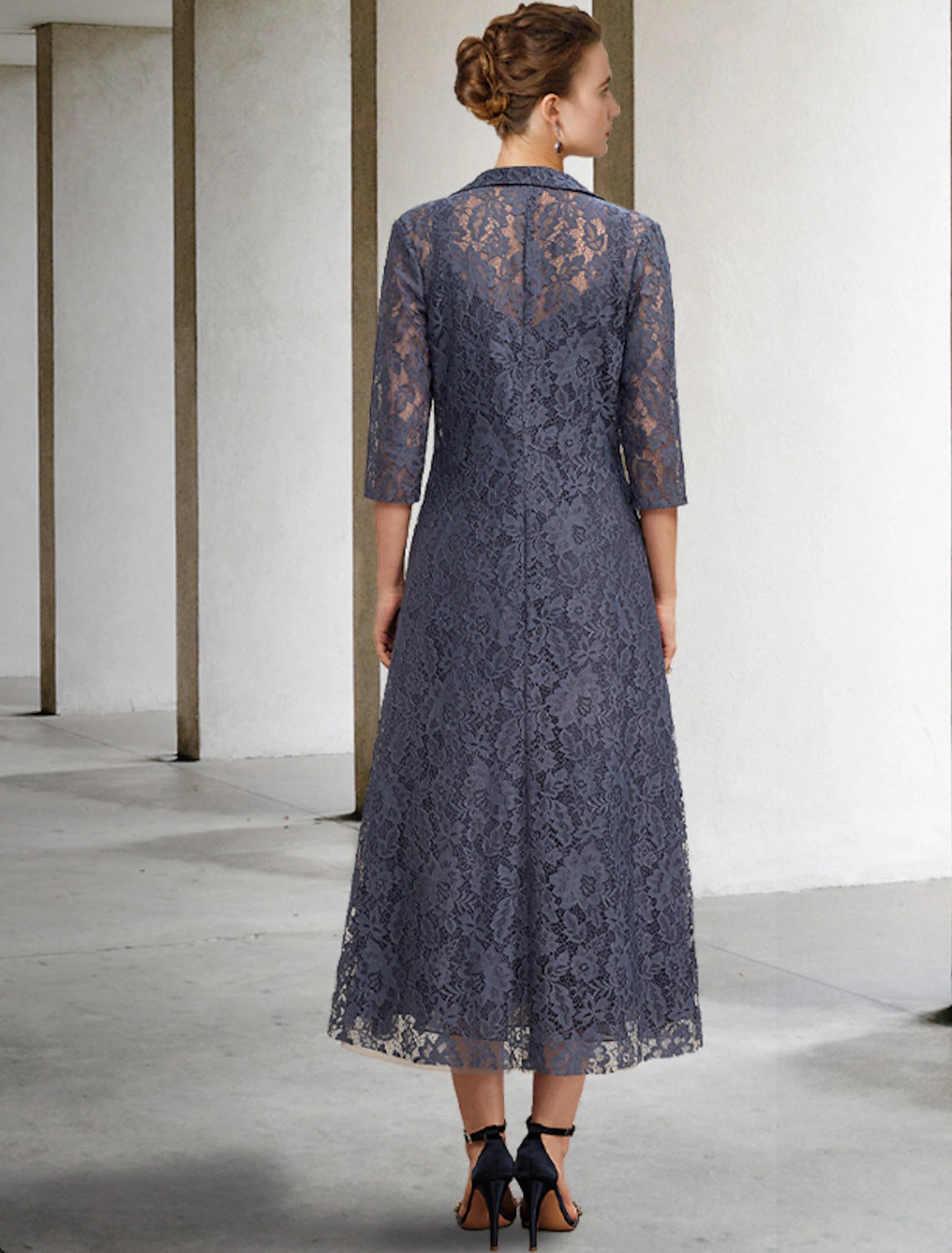 A-Linien-Kleid für die Brautmutter, elegant, V-Ausschnitt, knielang, Chiffon, Spitze, ärmellos, Jackenkleider mit Stufen, einfarbig