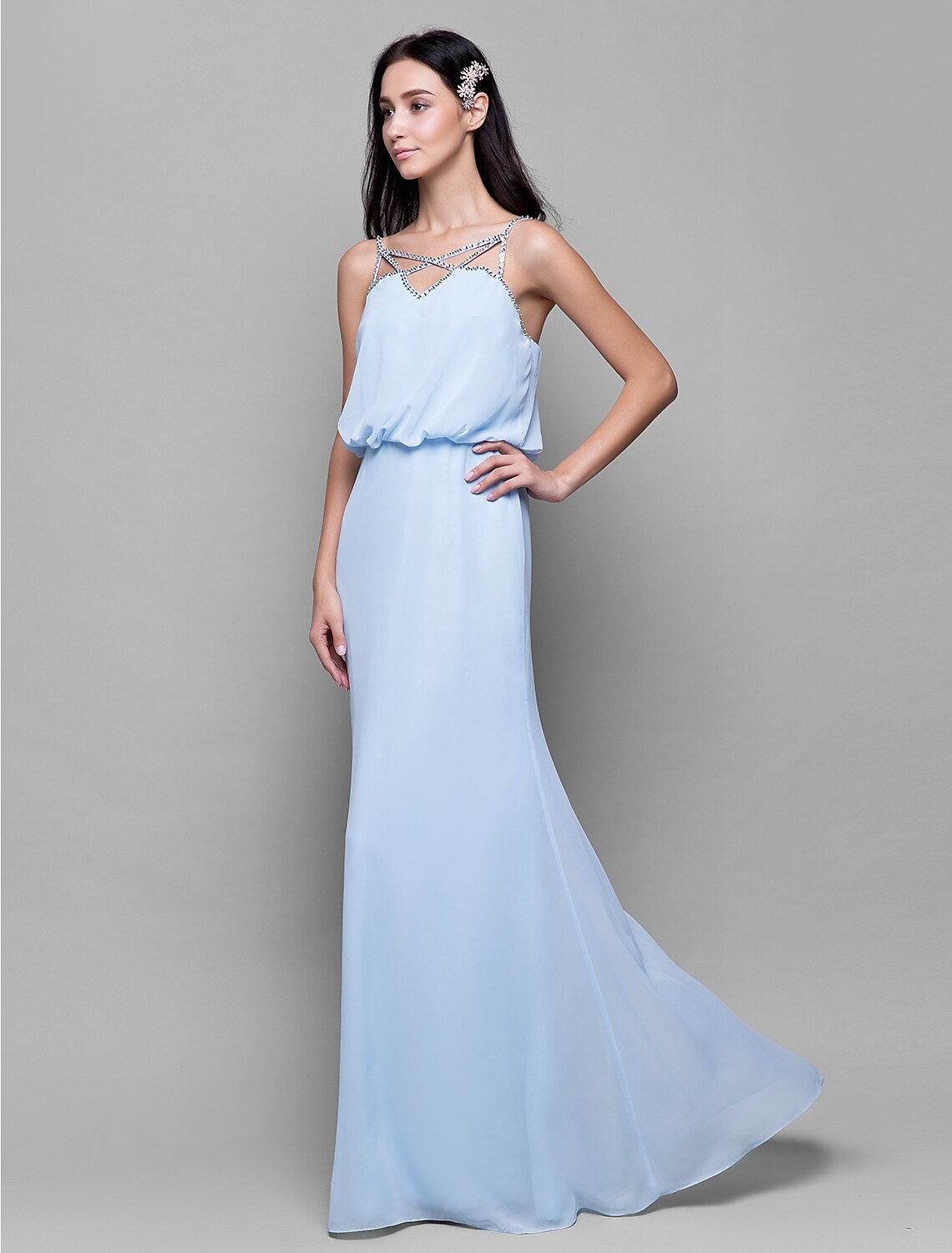 Vestido de dama de honor de gasa con tirantes finos, largo hasta el suelo, con escote en forma de columna y cuentas y pliegues