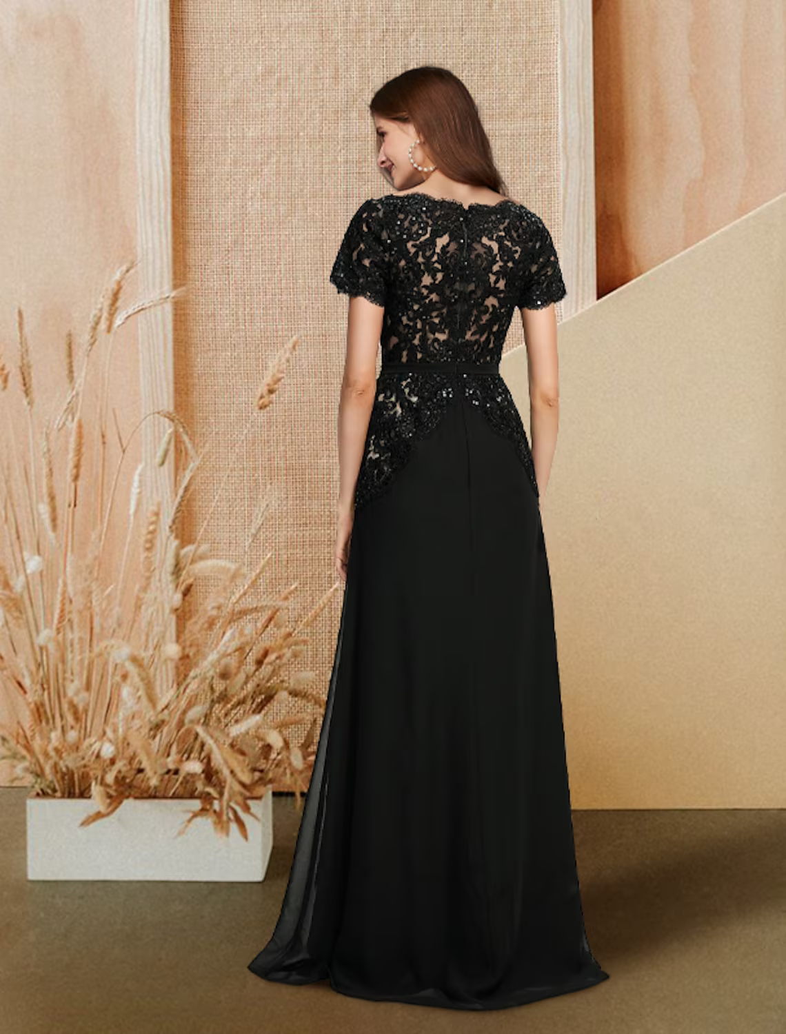 A-Linie Abendkleid Verlobungskleid Bodenlang Kurzarm V-Ausschnitt Chiffon mit Paillettenspitze