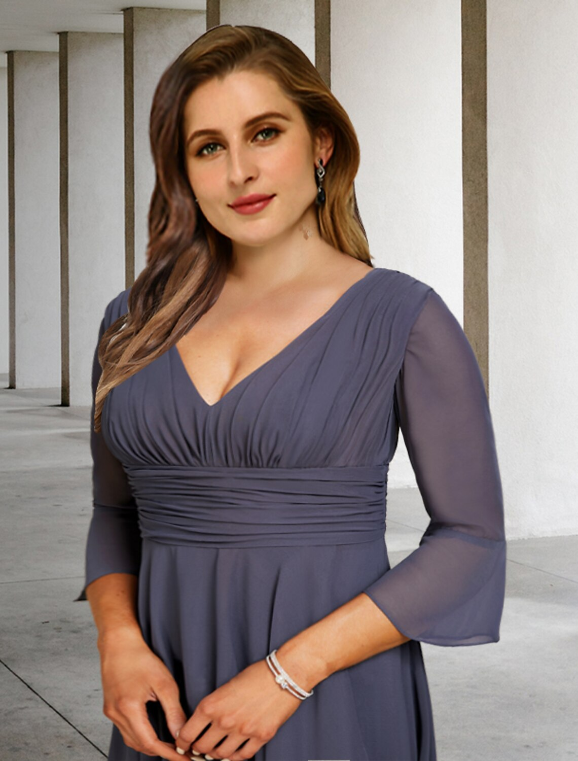 A-Linien-Kleid für die Mutter der Braut, formelle Kirche, Party, elegant, U-Ausschnitt, knielang, Ärmel aus Spitze und Stretchstoff mit Kristallbrosche