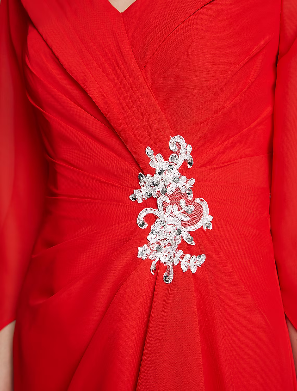 A-Linien-Kleid für die Brautmutter, elegant, V-Ausschnitt, bodenlang, Chiffon, halbe Ärmel mit Faltenapplikationen