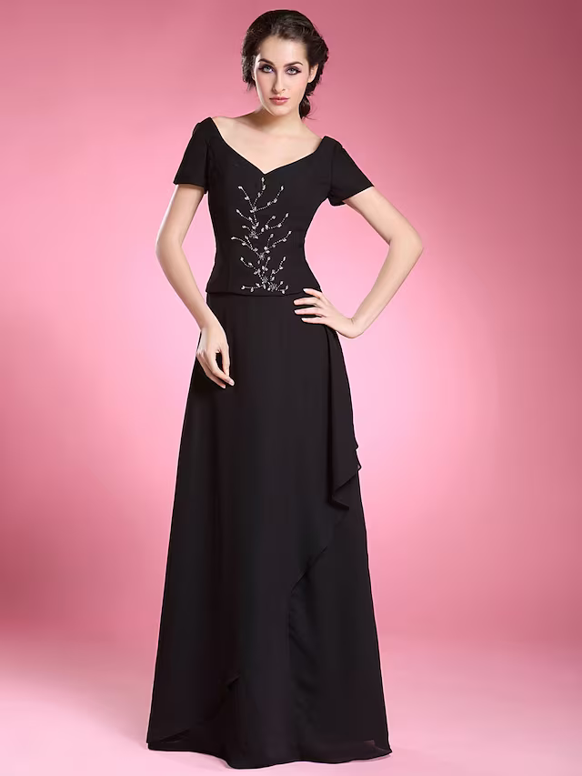 Vestido formal de noche, corte A, largo hasta el suelo, manga corta, escote en V, de gasa con volantes y cuentas