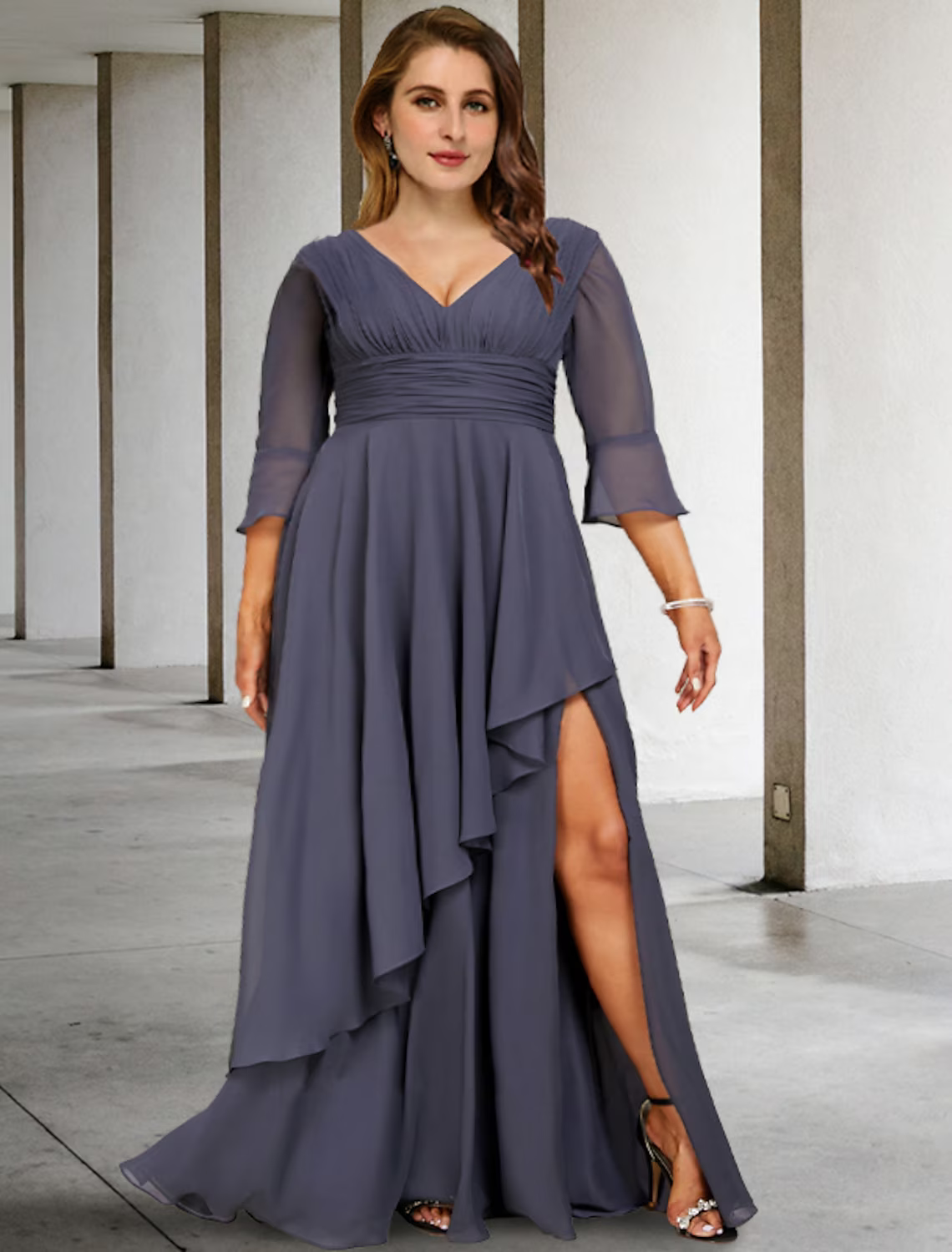 A-Linien-Kleid für die Mutter der Braut, formelle Kirche, Party, elegant, U-Ausschnitt, knielang, Ärmel aus Spitze und Stretchstoff mit Kristallbrosche