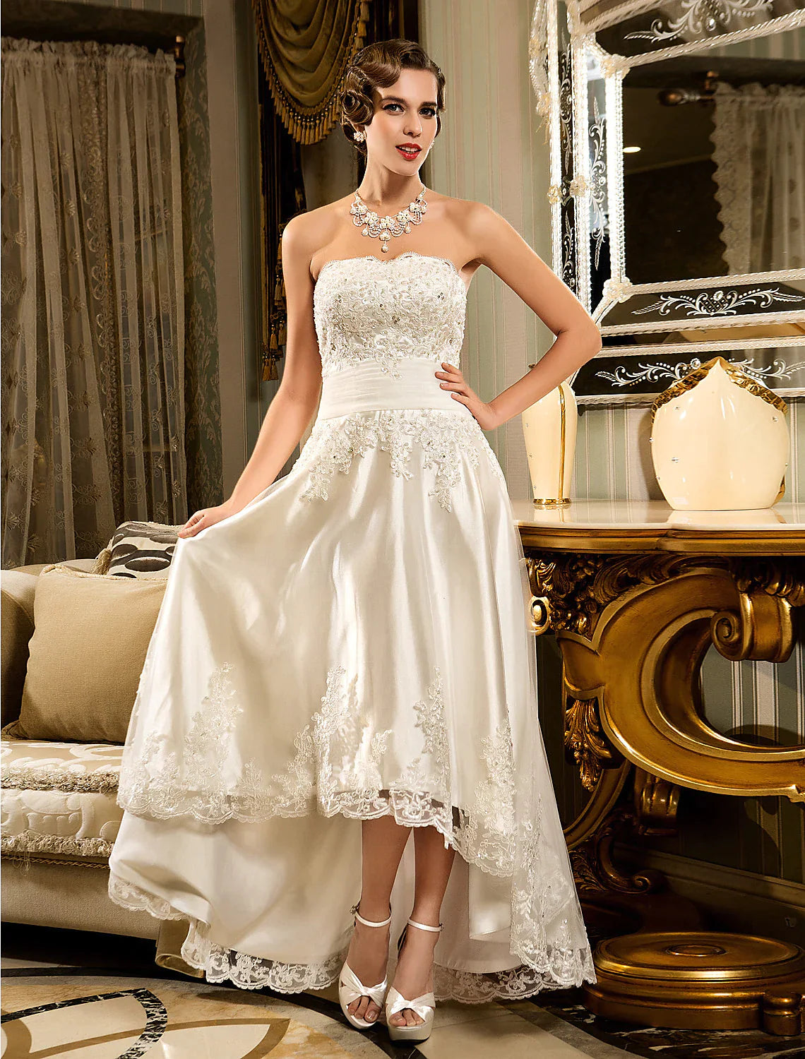 Open Back Little White Dresses A-Line Strapless Strapless Beaded Lace Button