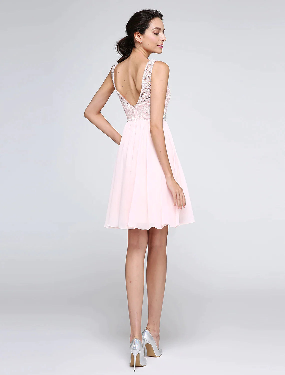 A-Linien-Kleider, Partykleid, Heimkehr, kurz, Mini, ärmellos, Chiffon, V-Rücken mit Kristallen
