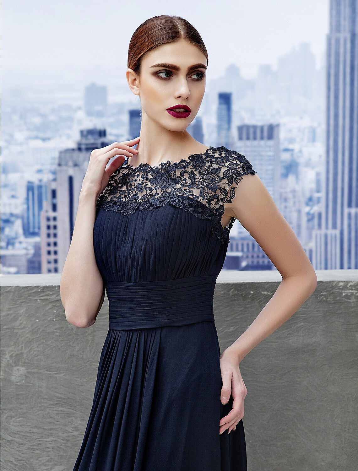 Vestido de noche de corte A, para invitada de boda, largo hasta el suelo, manga corta, cuello barco, de gasa con encaje fruncido