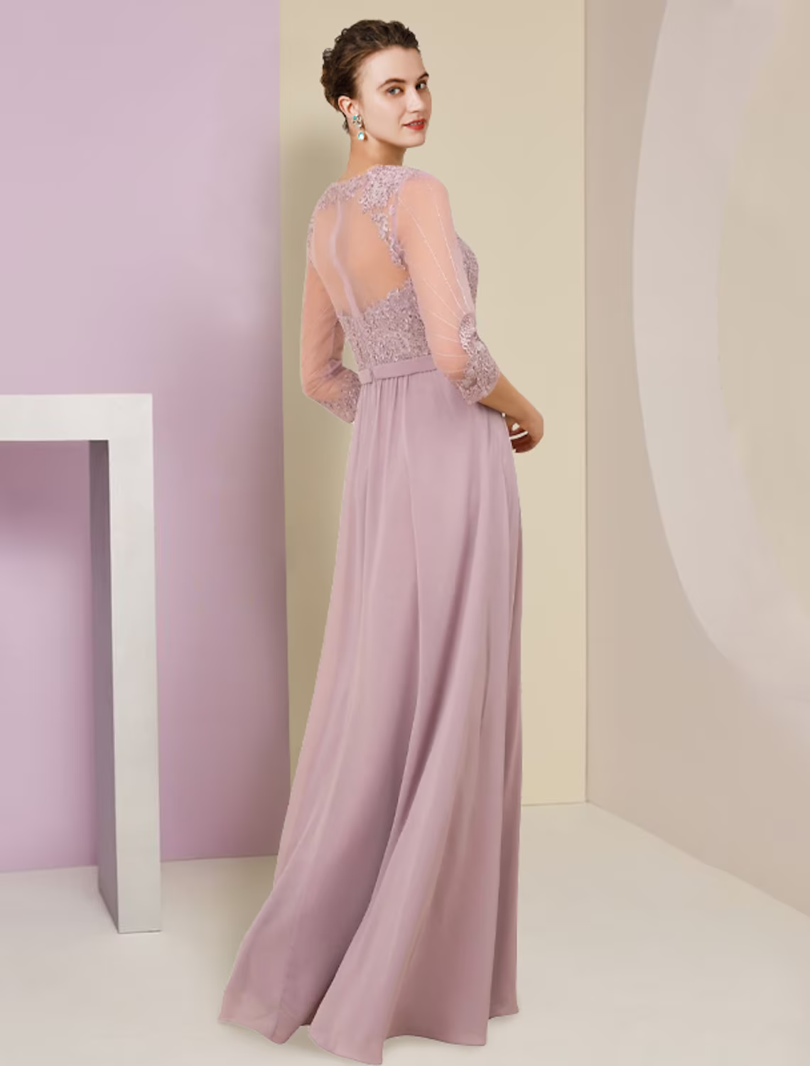 A-Linien-Kleid für die Mutter der Braut, formeller Hochzeitsgast, elegant, V-Ausschnitt, bodenlang, Chiffon, Spitzenärmel mit Faltenapplikationen