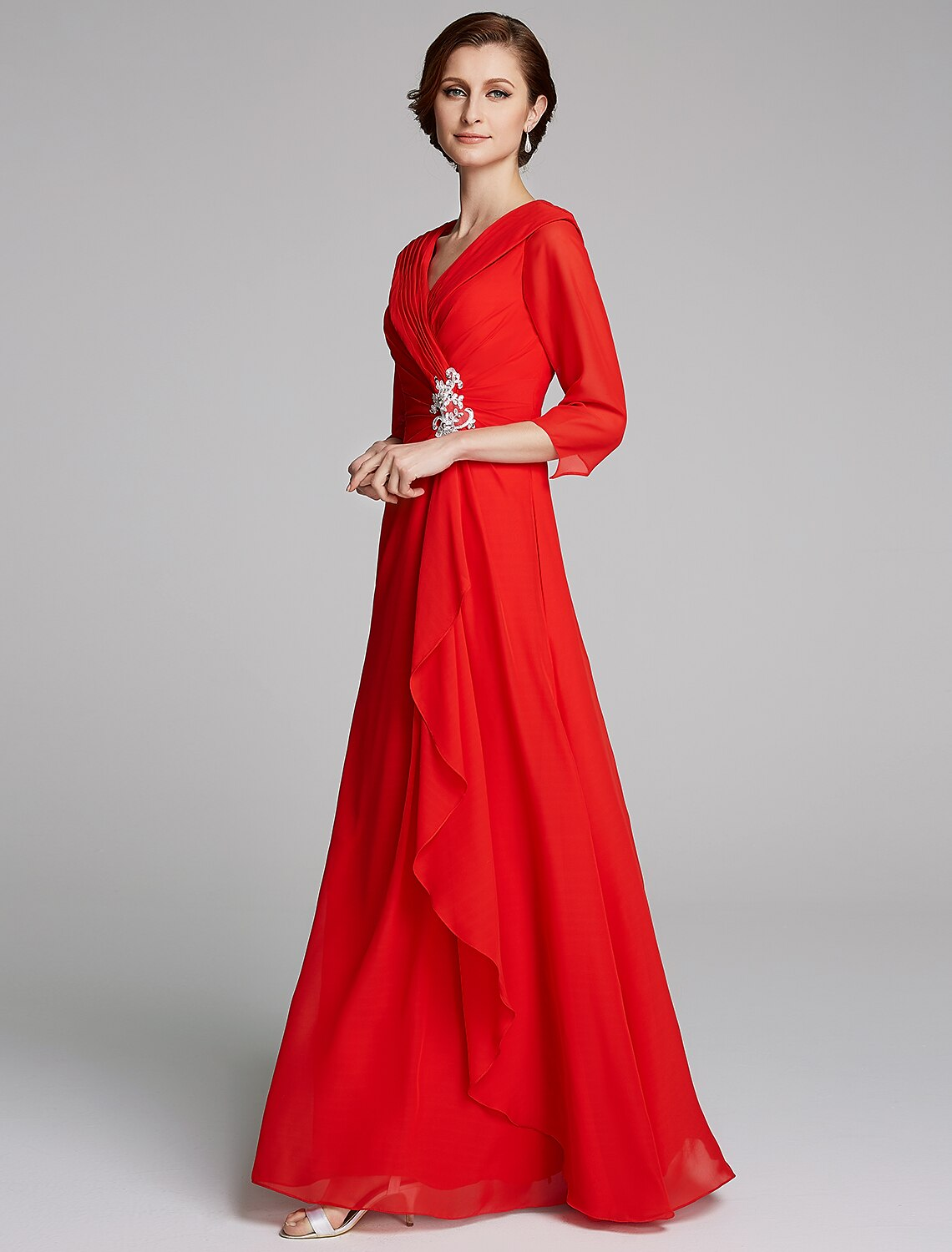 A-Linien-Kleid für die Brautmutter, elegant, V-Ausschnitt, bodenlang, Chiffon, halbe Ärmel mit Faltenapplikationen