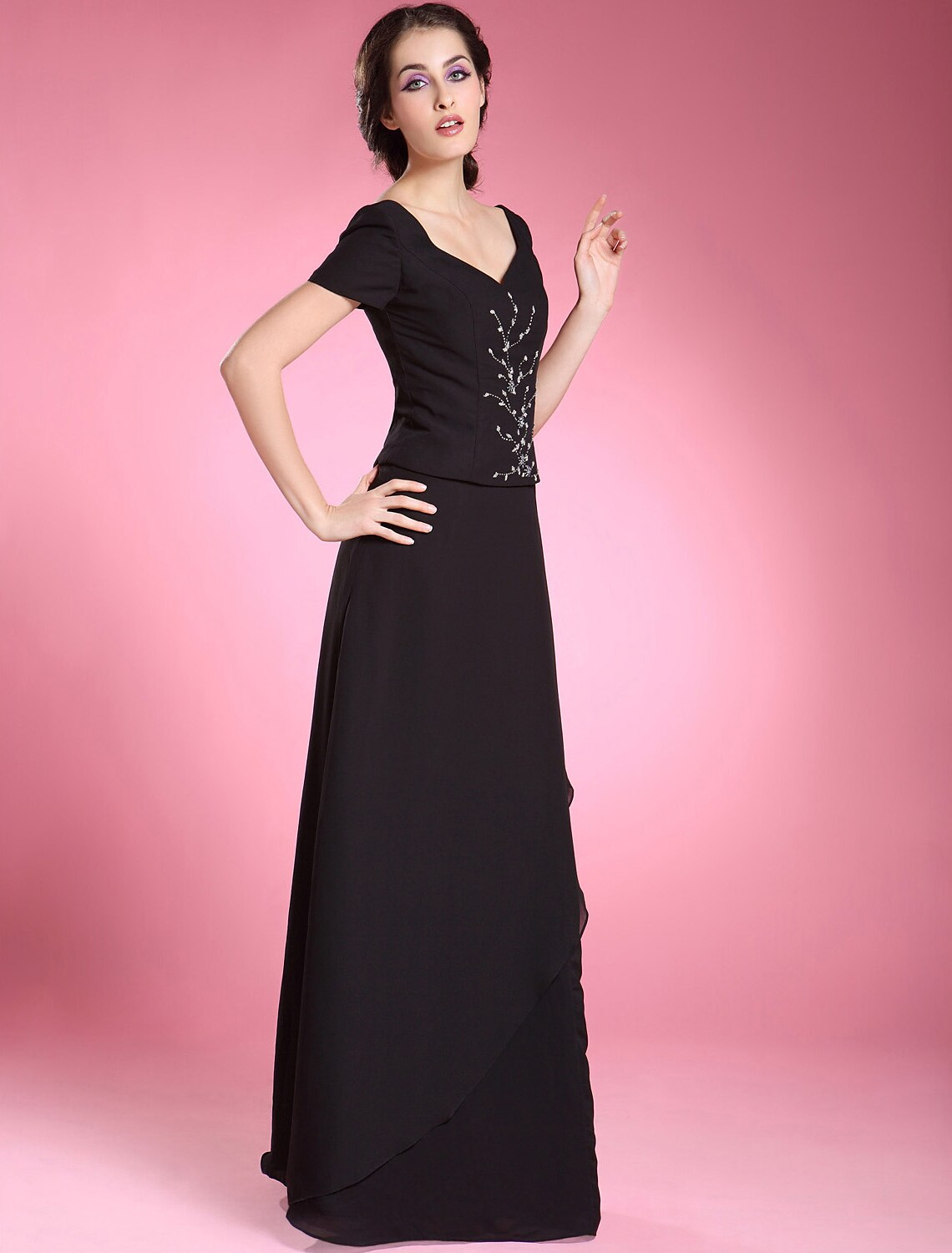 Vestido formal de noche, corte A, largo hasta el suelo, manga corta, escote en V, de gasa con volantes y cuentas