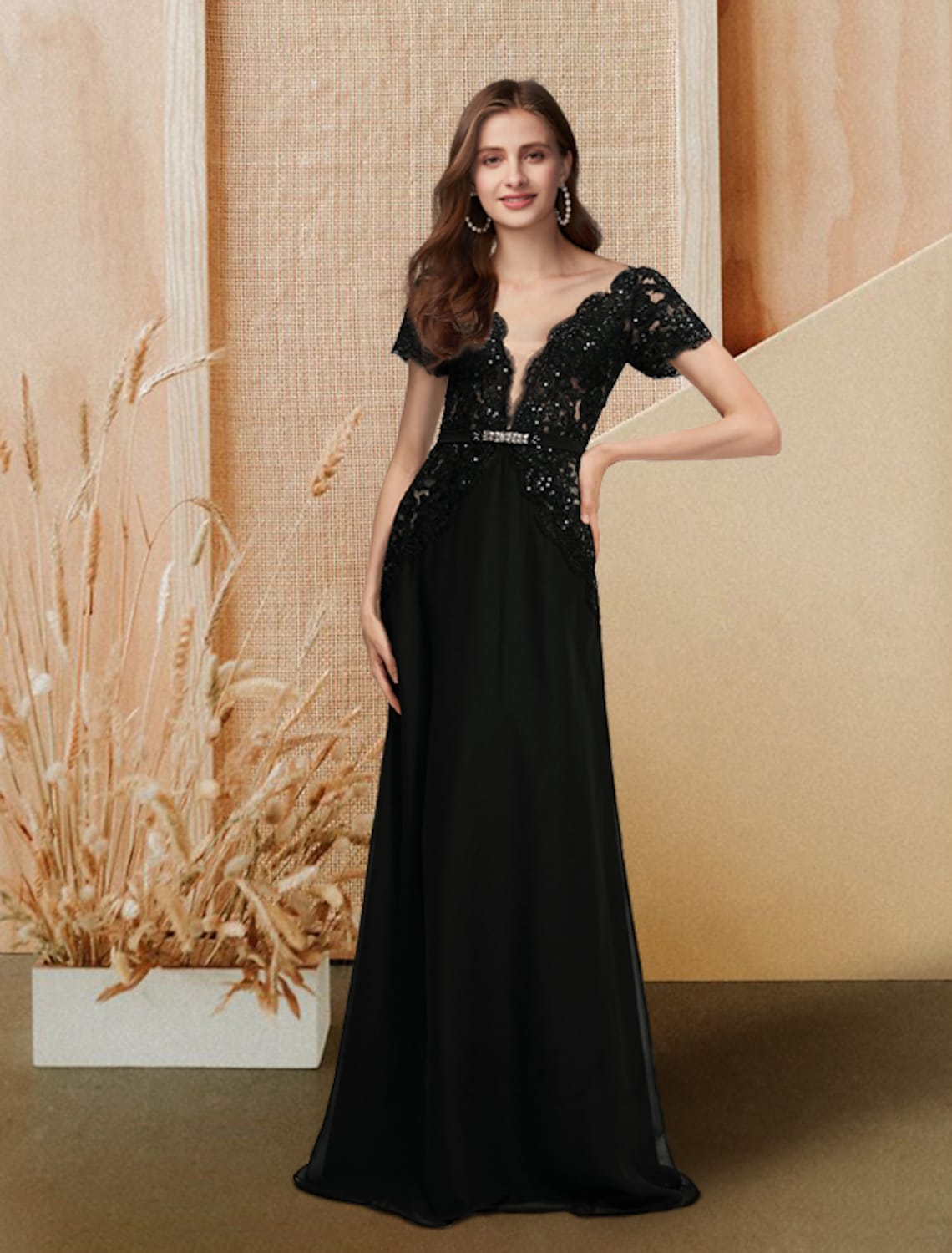A-Linie Abendkleid Verlobungskleid Bodenlang Kurzarm V-Ausschnitt Chiffon mit Paillettenspitze