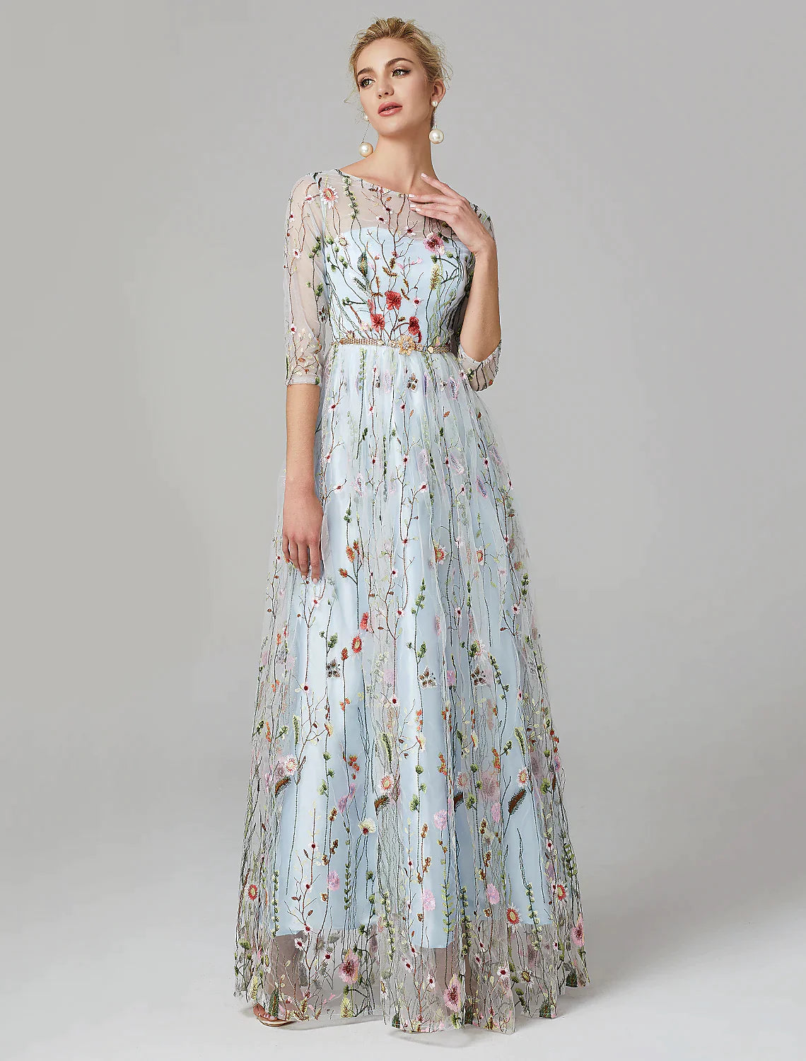 A-Line Evening Gown Elegant Dress Floor Length Sleeve Lace with Embroidery