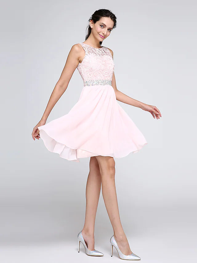 A-Linien-Kleider, Partykleid, Heimkehr, kurz, Mini, ärmellos, Chiffon, V-Rücken mit Kristallen