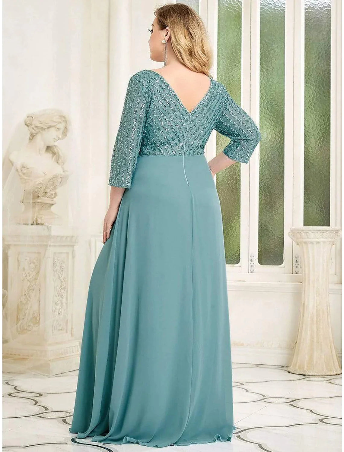 A-Line Evening Gown Plus Size Dress Wedding Guest Floor Length Length Sleeve V Neck Chiffon V Back with Sequin