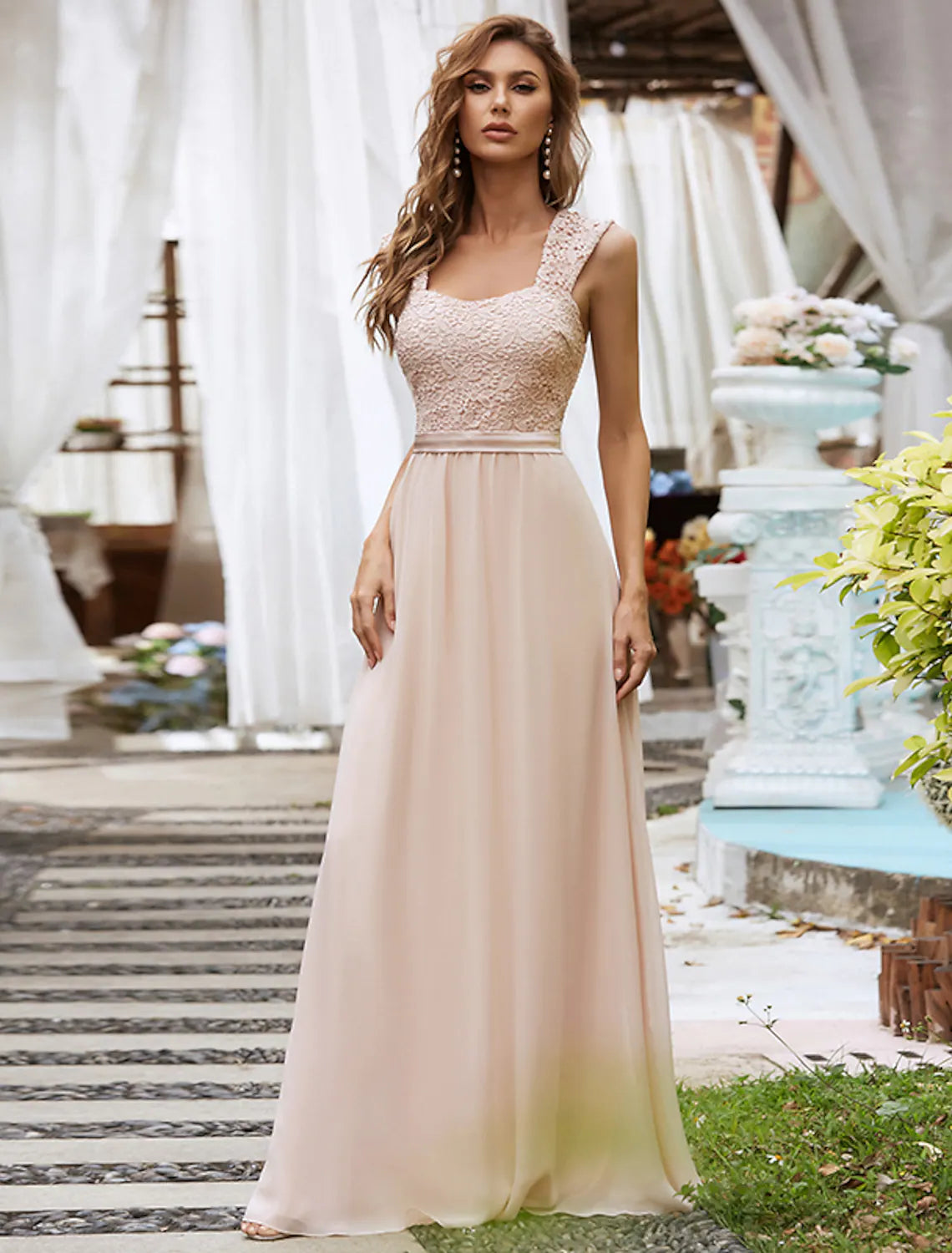 Vestido de noche formal elegante de corte A, sin espalda, sin mangas, largo hasta el suelo, de gasa con pliegues