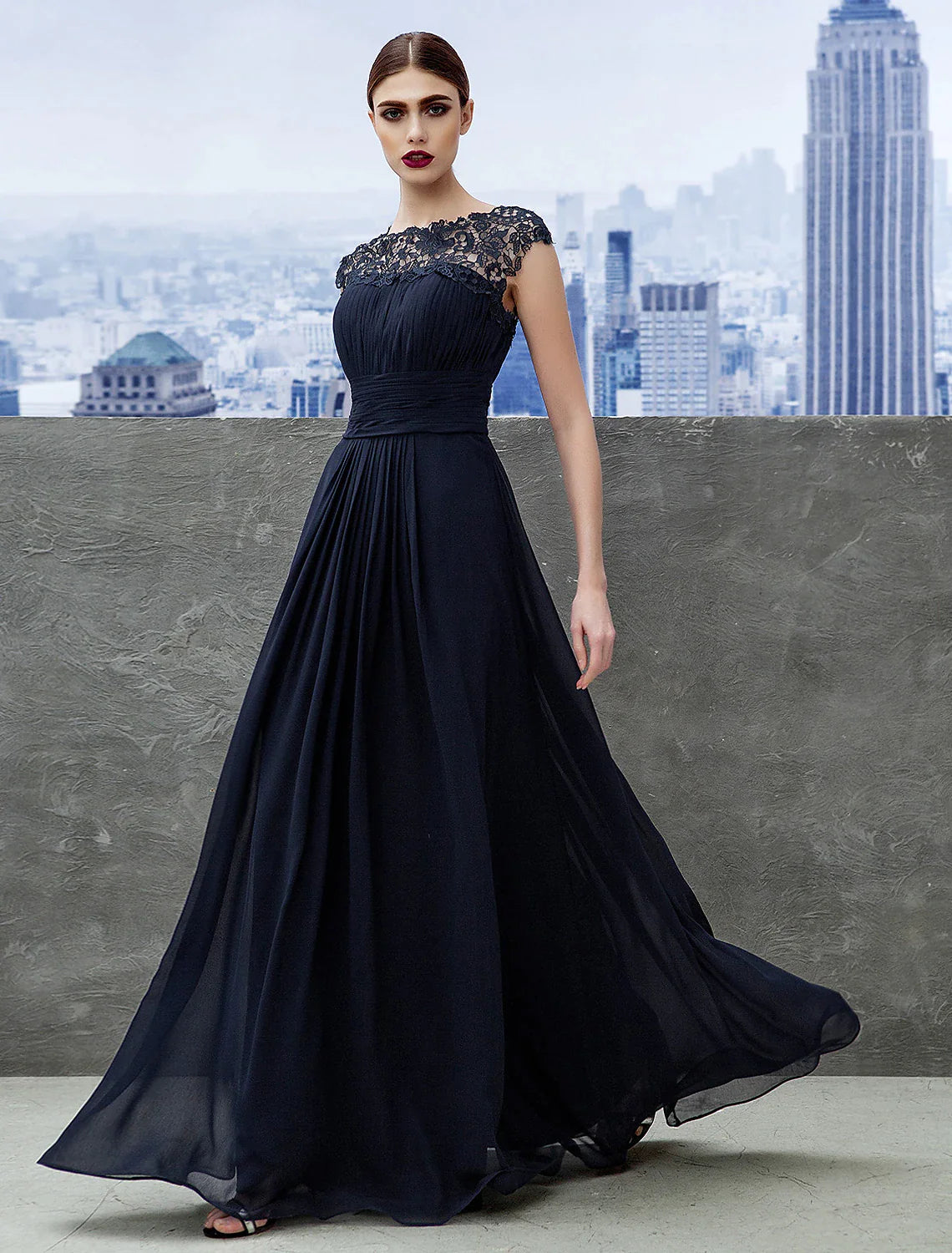 Vestido de noche de corte A, para invitada de boda, largo hasta el suelo, manga corta, cuello barco, de gasa con encaje fruncido