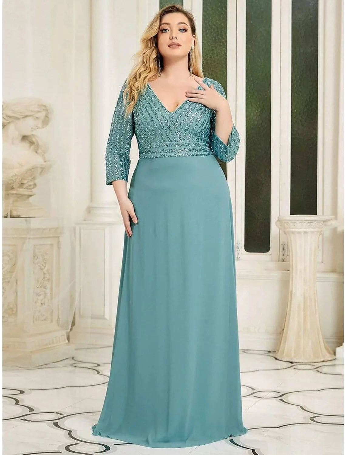 A-Line Evening Gown Plus Size Dress Wedding Guest Floor Length Length Sleeve V Neck Chiffon V Back with Sequin