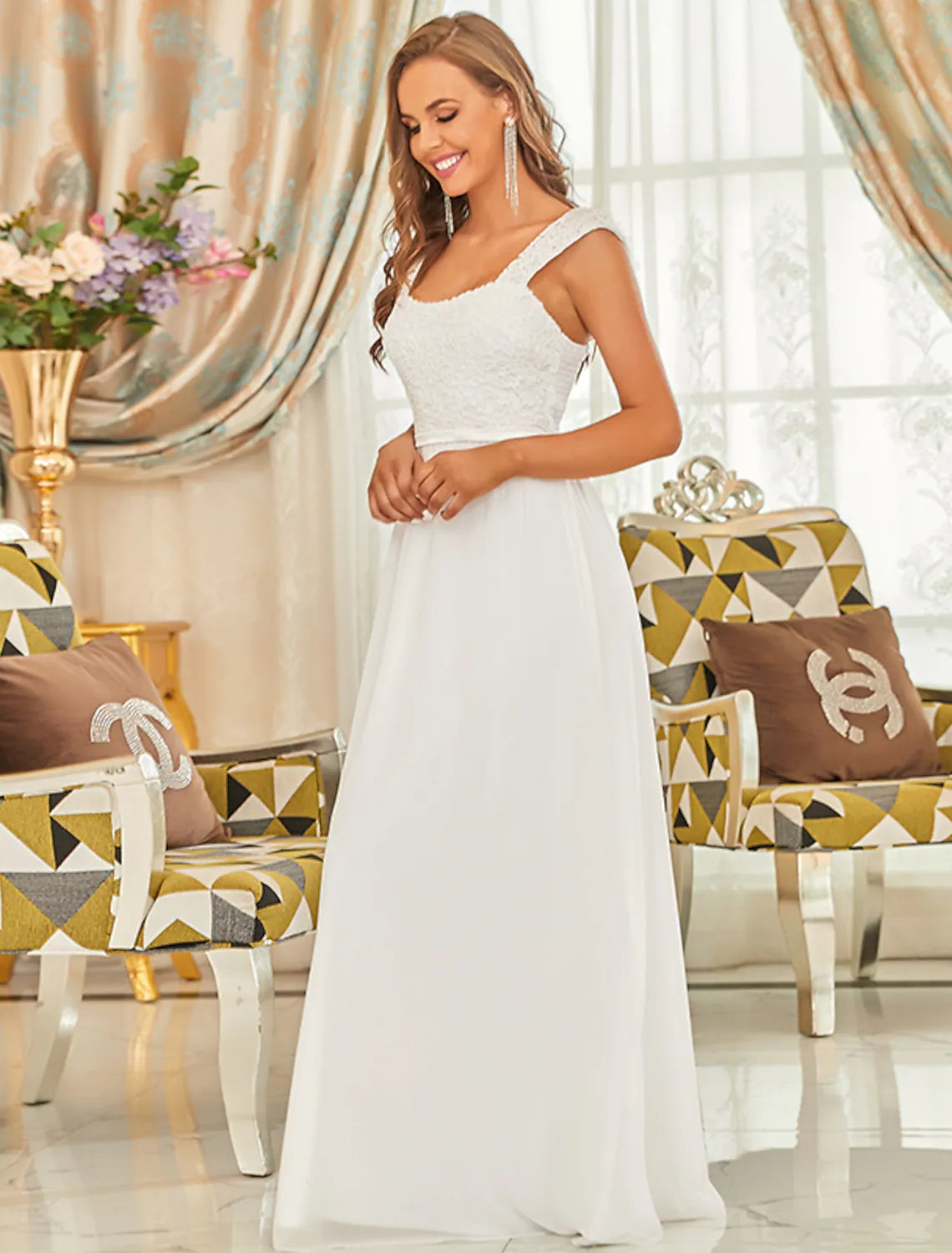Vestido de noche formal elegante de corte A, sin espalda, sin mangas, largo hasta el suelo, de gasa con pliegues