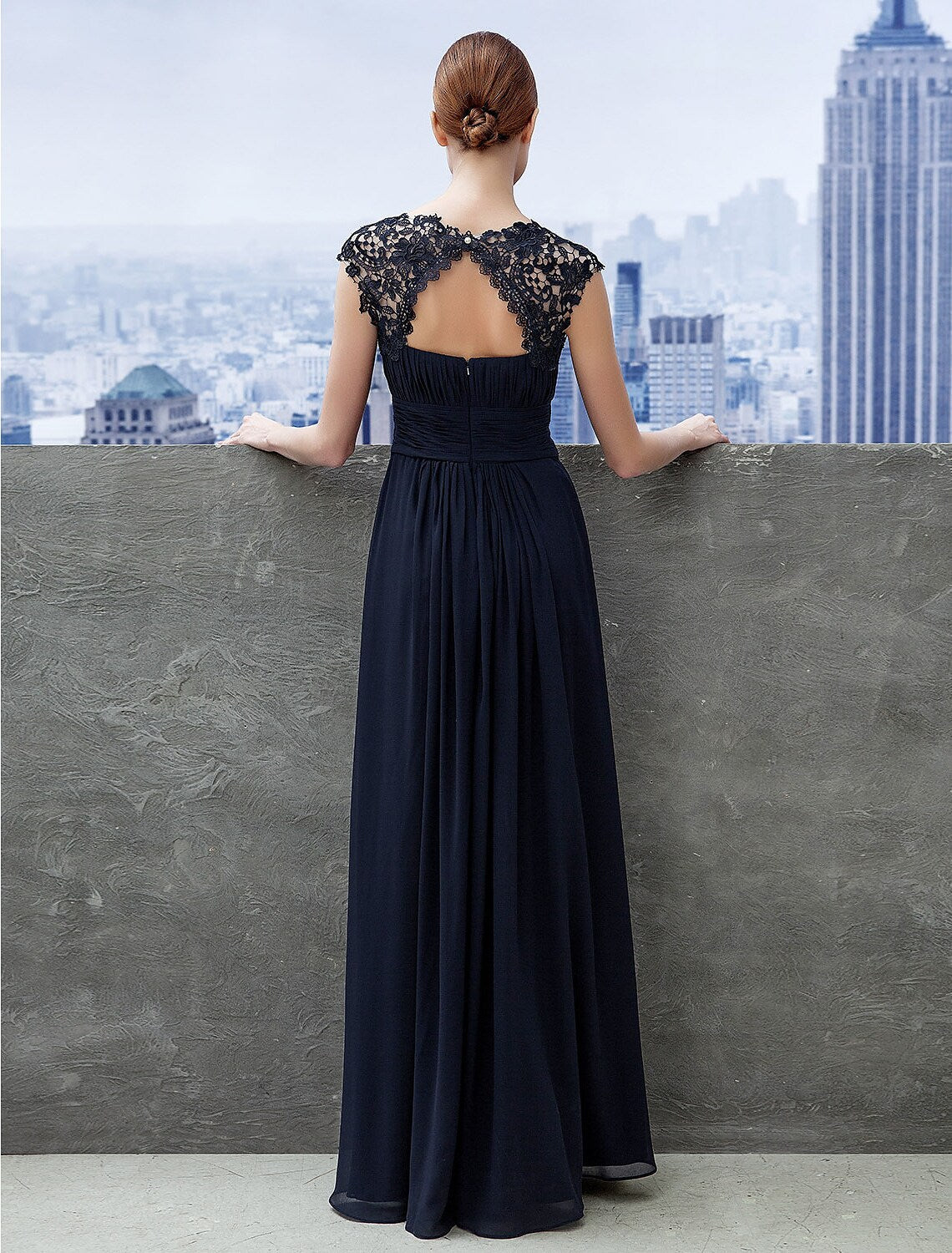 Vestido de noche de corte A, para invitada de boda, largo hasta el suelo, manga corta, cuello barco, de gasa con encaje fruncido