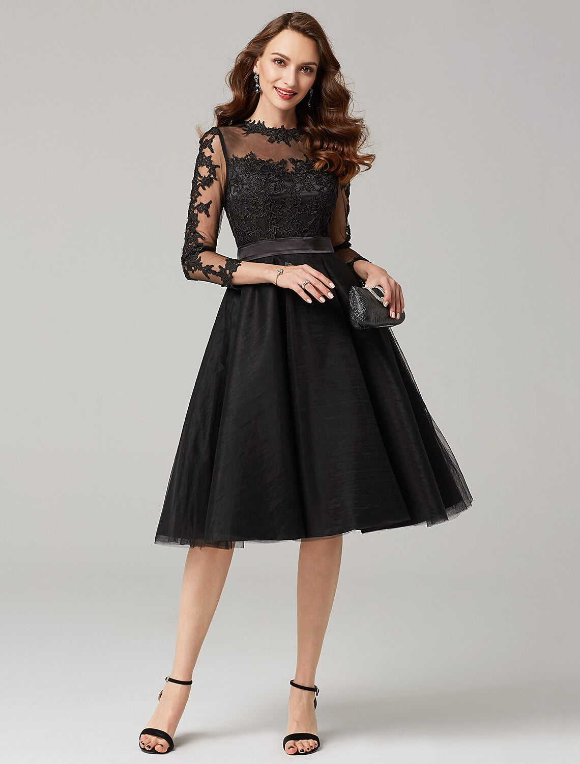 A-Line Elegant Dress Wedding Knee Length Length Sleeve Tulle Over Lace Appliques
