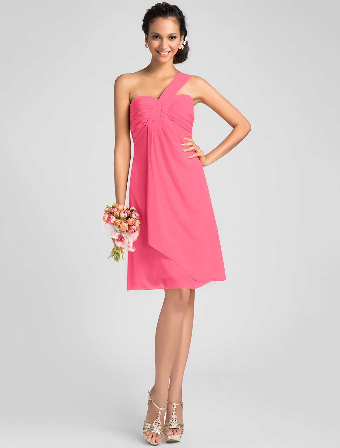 Vestido de dama de honor de corte A, escote de un solo hombro, sin mangas, sexy, largo hasta la rodilla, de gasa