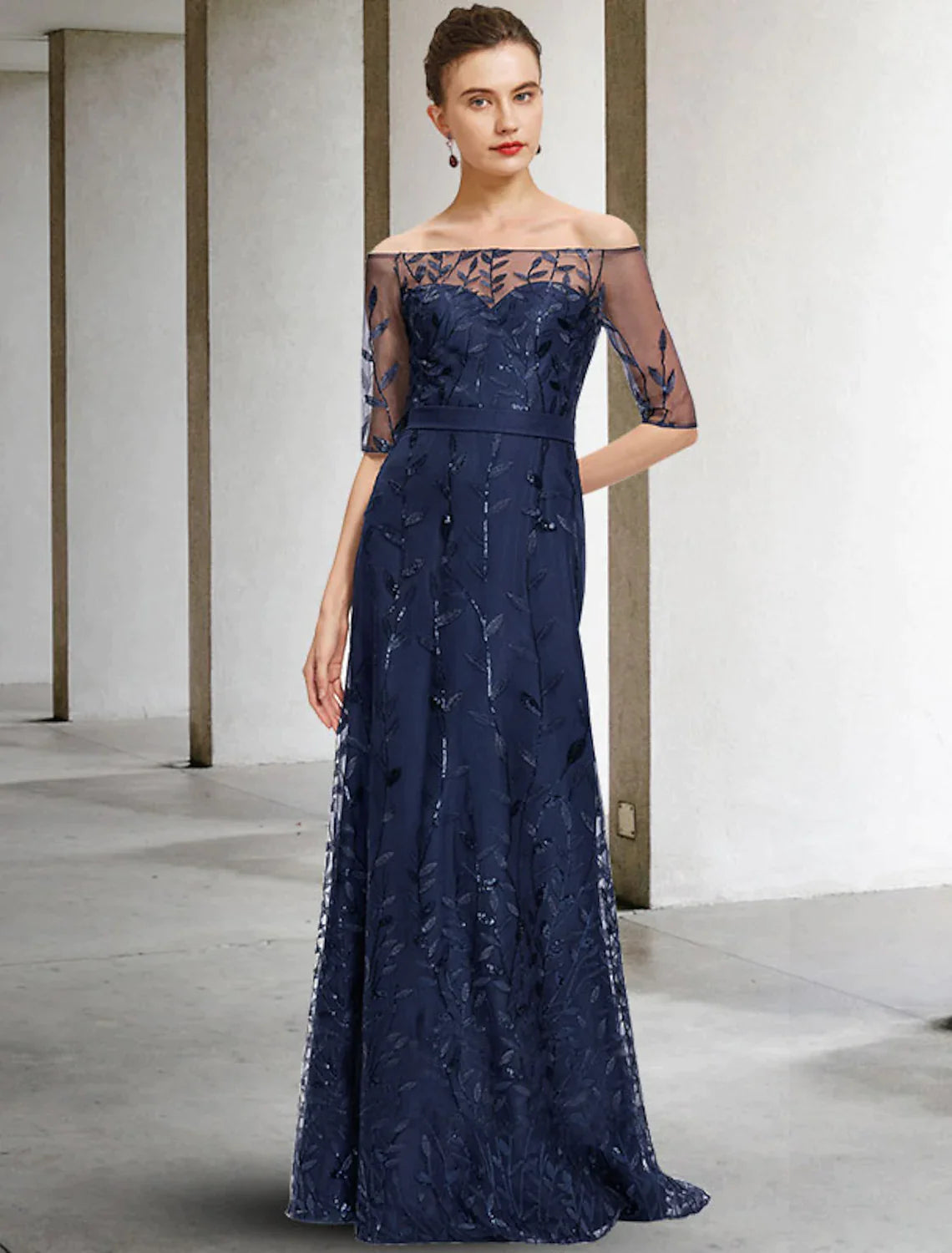 A-Linien-Kleid für die Brautmutter, elegant, schulterfrei, bodenlang, Spitze, Tüll, halbe Ärmel mit Pailletten-Applikationen