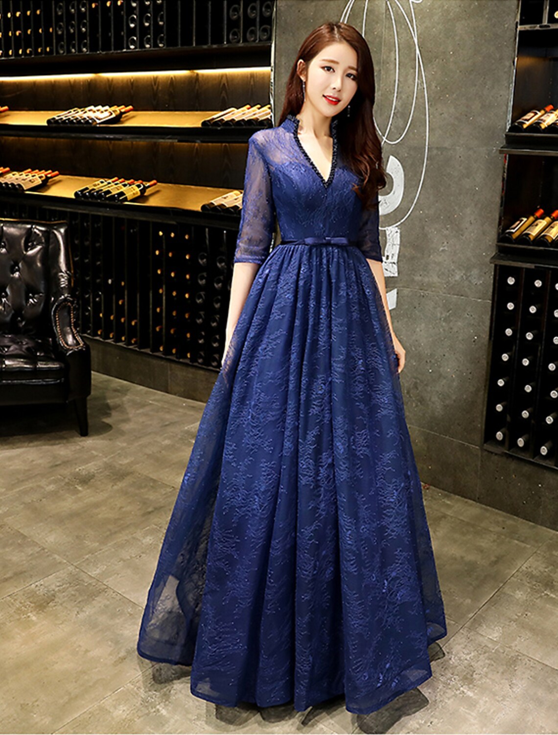 A-Line Evening Gown Beautiful Back Dress Wedding Guest Floor Length Half Sleeve V Neck Lace with Beading