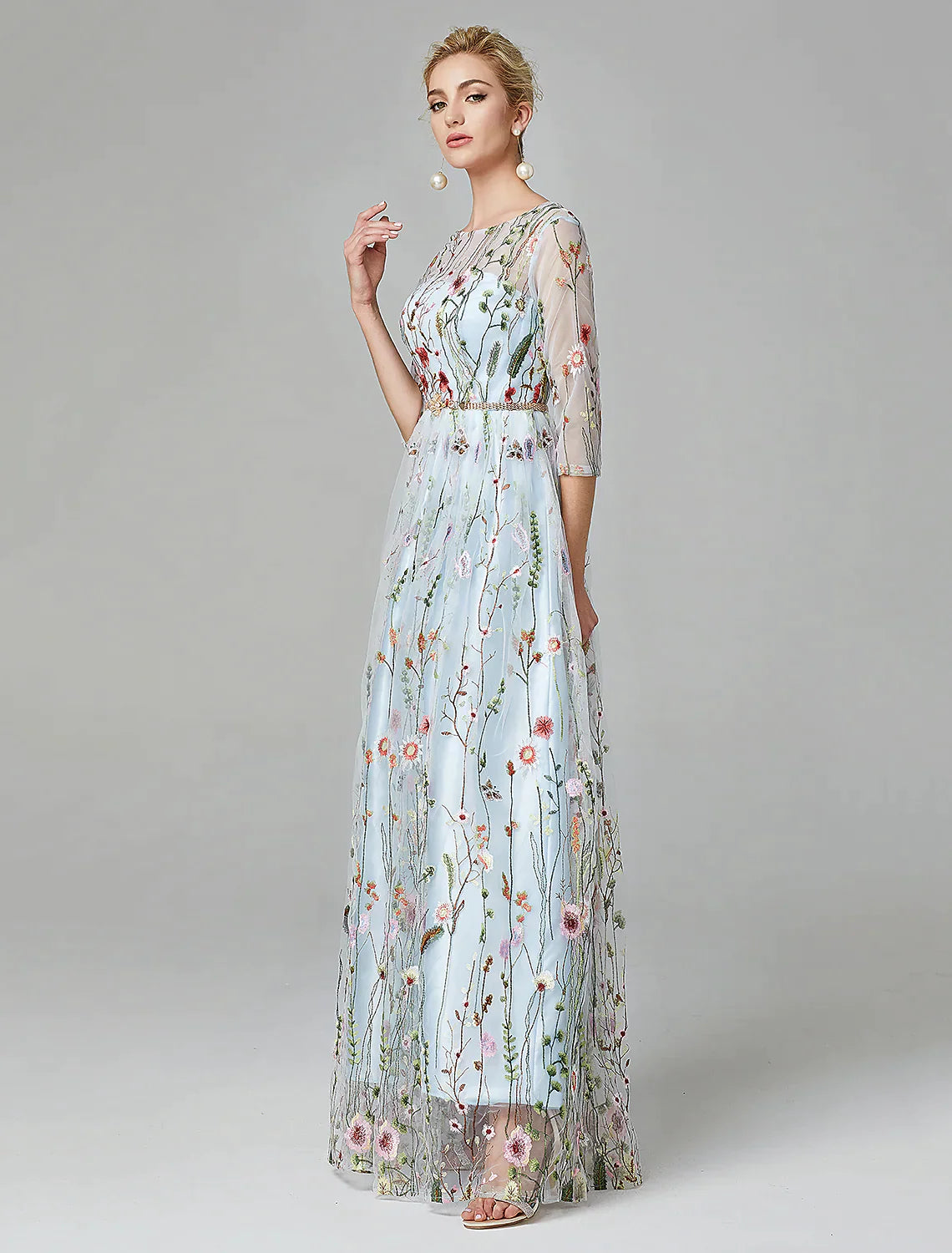 A-Line Evening Gown Elegant Dress Floor Length Sleeve Lace with Embroidery