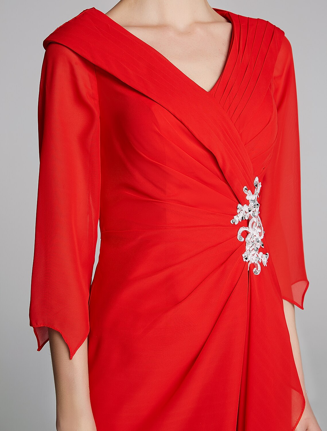 A-Linien-Kleid für die Brautmutter, elegant, V-Ausschnitt, bodenlang, Chiffon, halbe Ärmel mit Faltenapplikationen