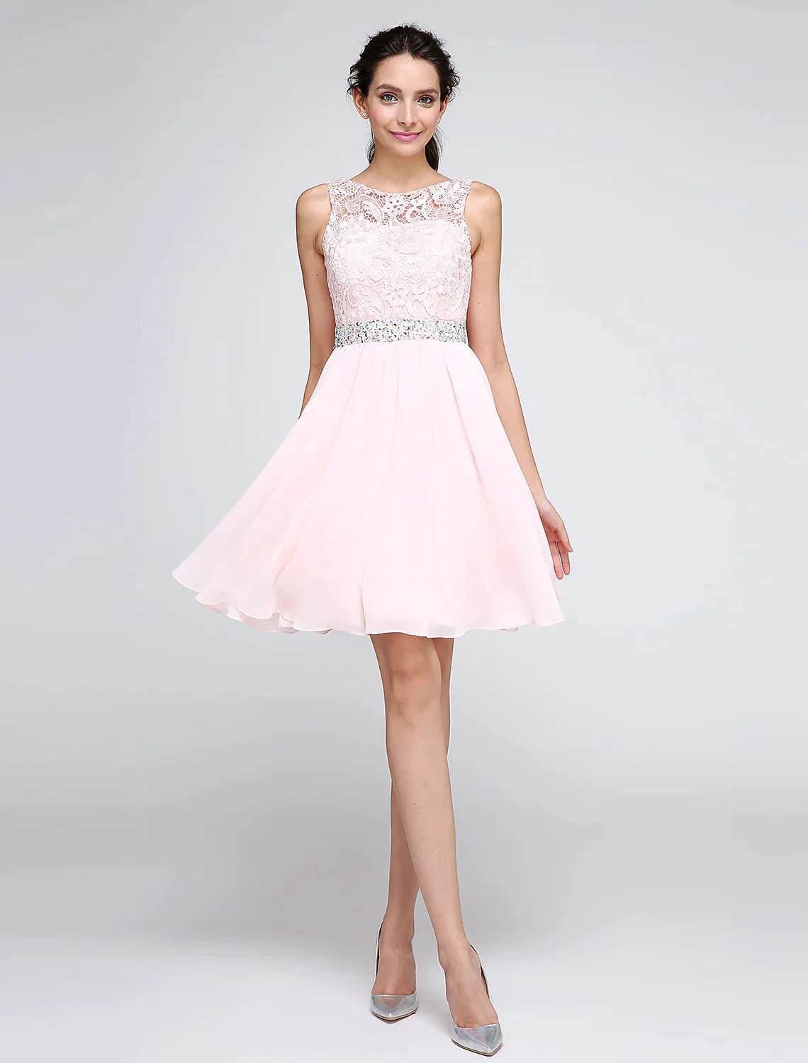 A-Linien-Kleider, Partykleid, Heimkehr, kurz, Mini, ärmellos, Chiffon, V-Rücken mit Kristallen