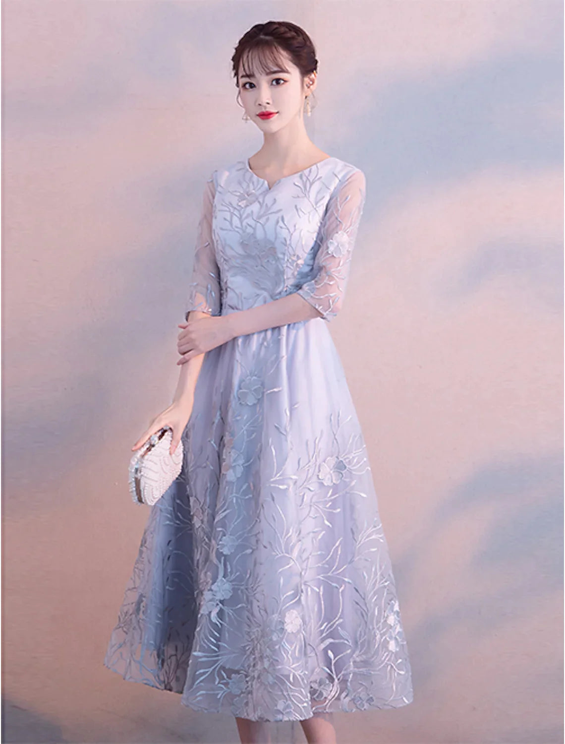 A-Line Elegant Cocktail Party Prom Dress Jewel Neck Length Sleeve Tea Length Lace with Insert Print Appliques