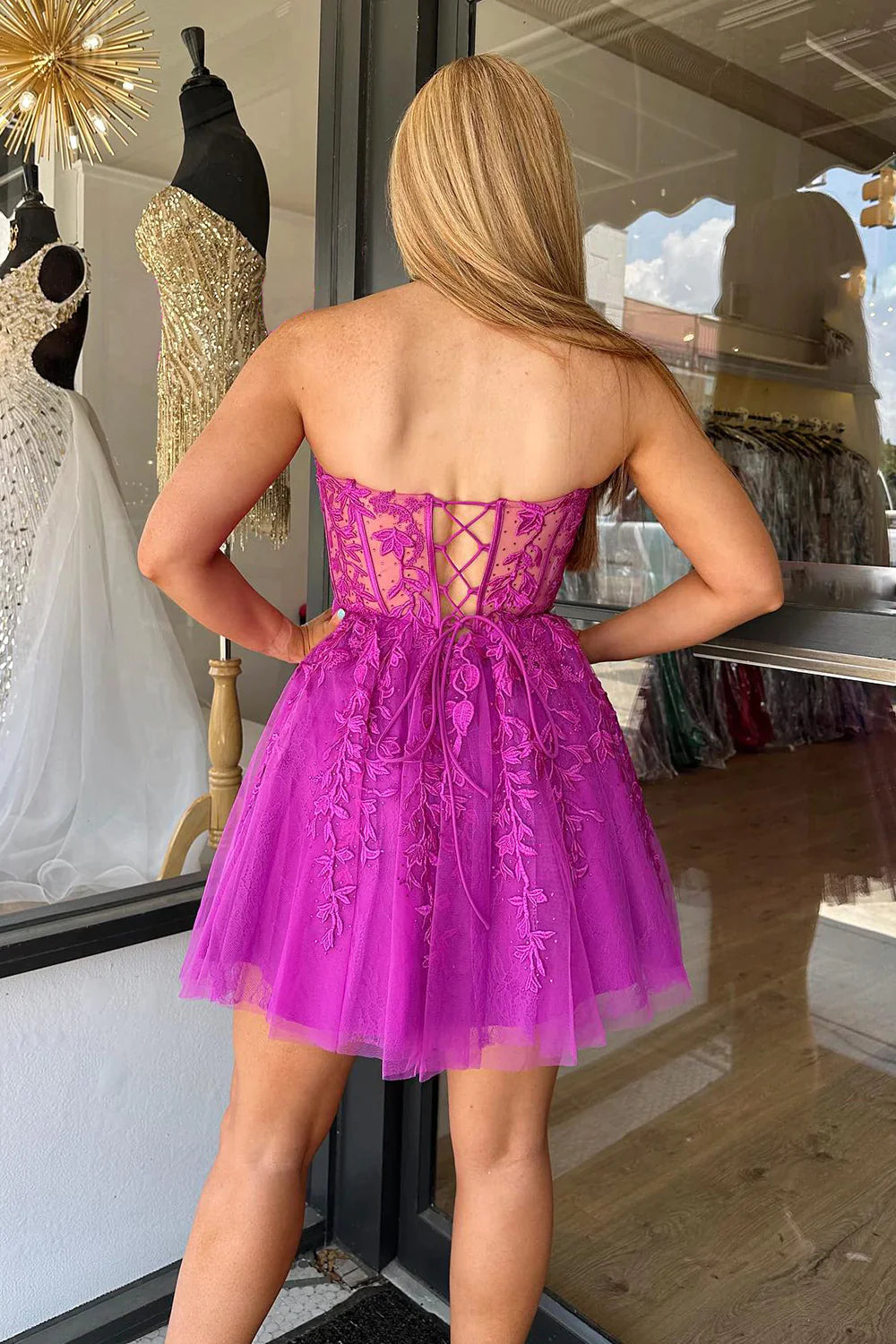 A-Line Strapless Lace Up Short Tulle Homecoming Dress with Appliques