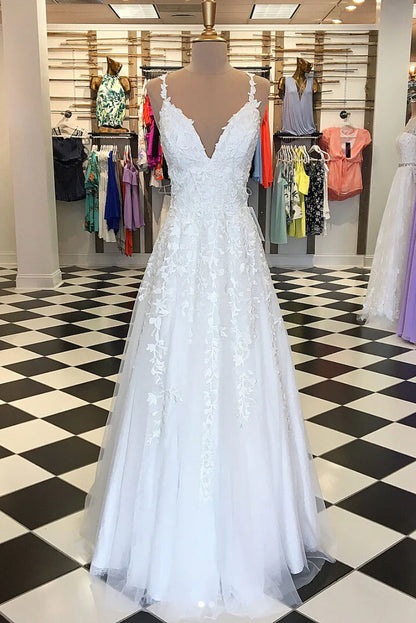 V neck tulle lace applique long Wedding Dresses